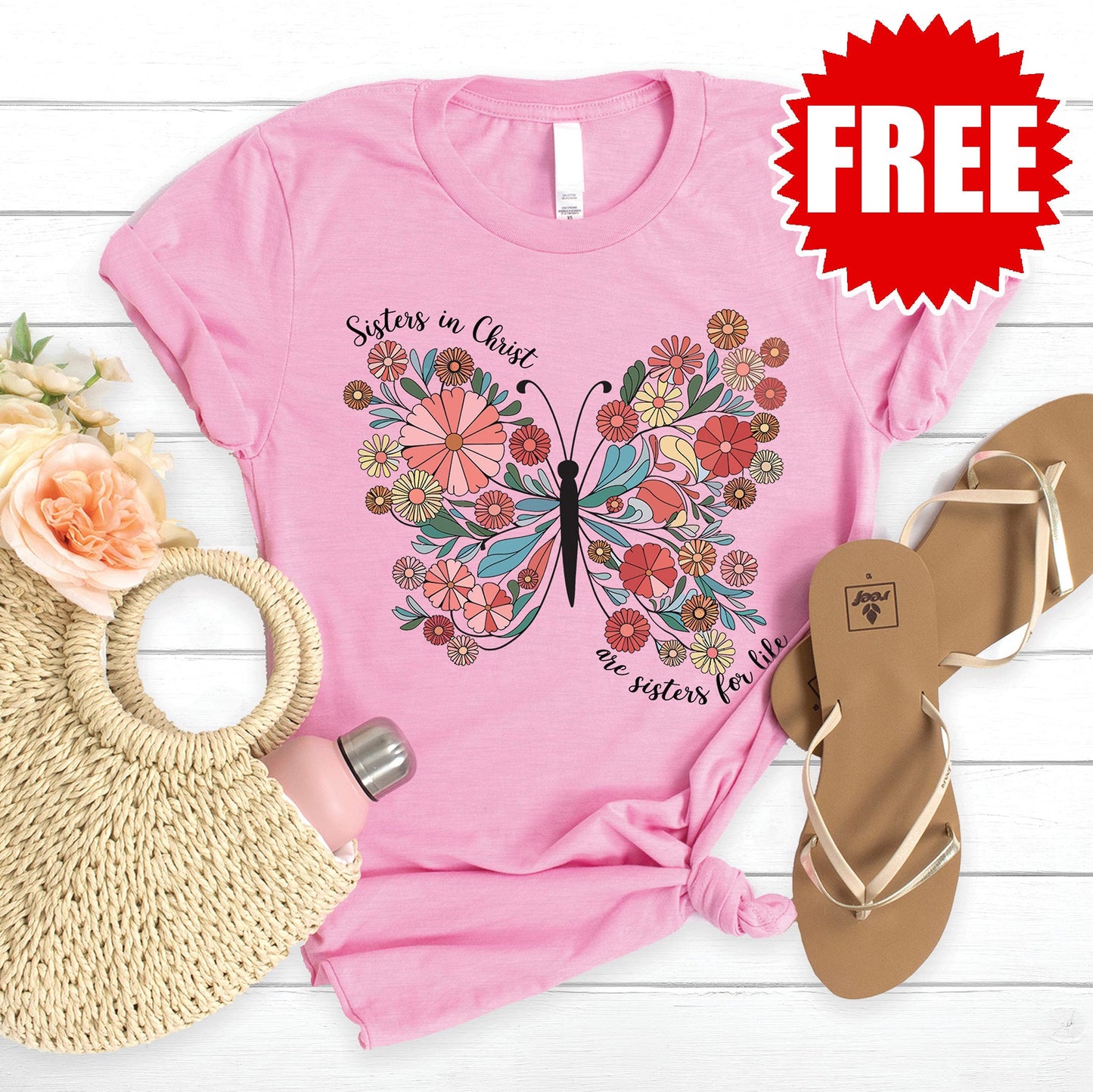 Sisters In Christ Tee - Heather Bubble Gum Style001