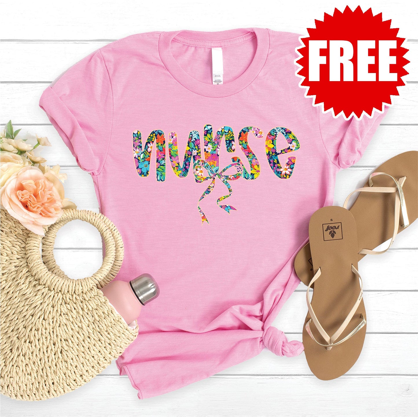 Nurse Flower Pattern Tee - Heather Bubble Gum - FREE