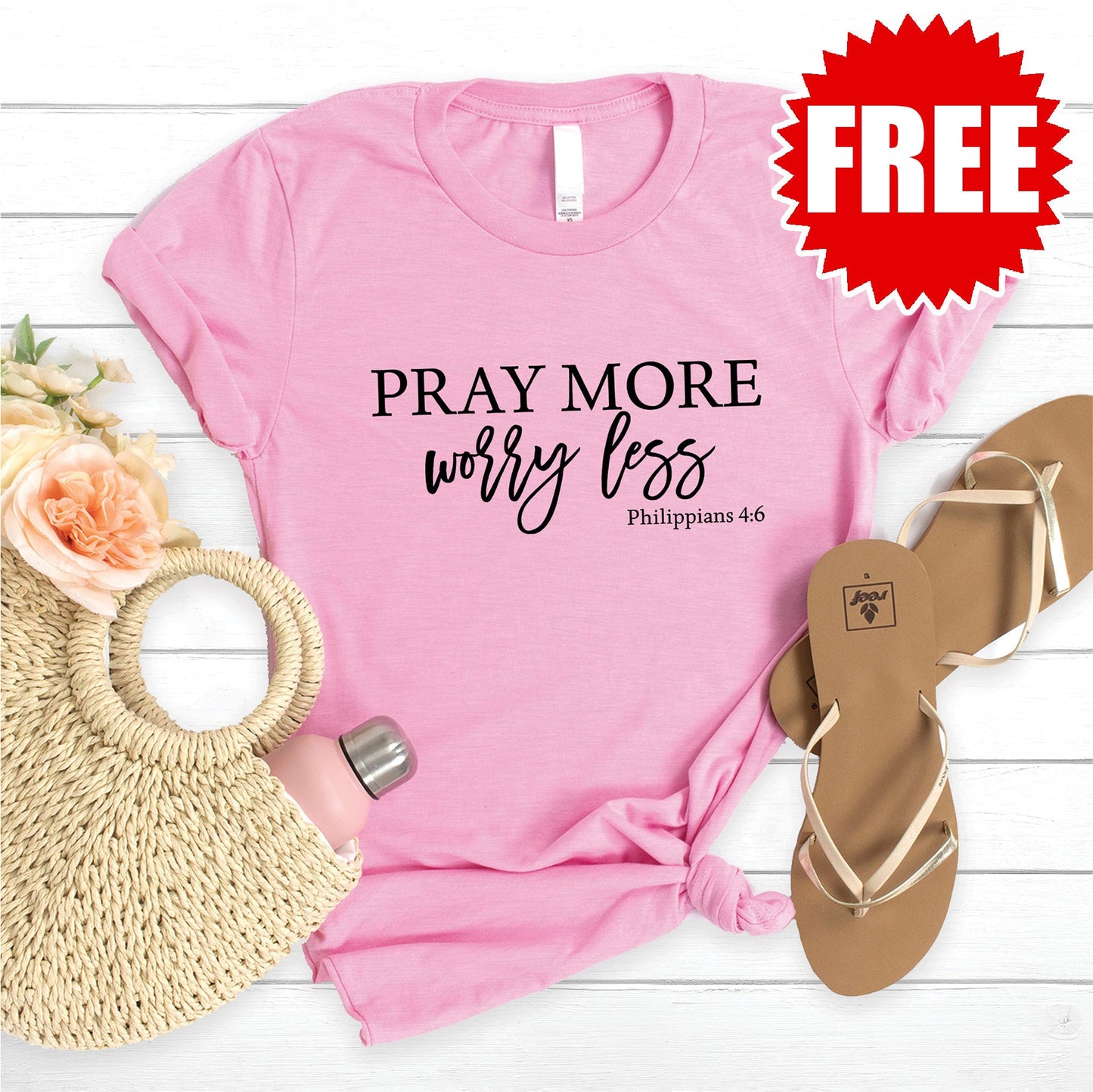 Pray More Worry Less Tee - Heather Bubble Gum - FREE