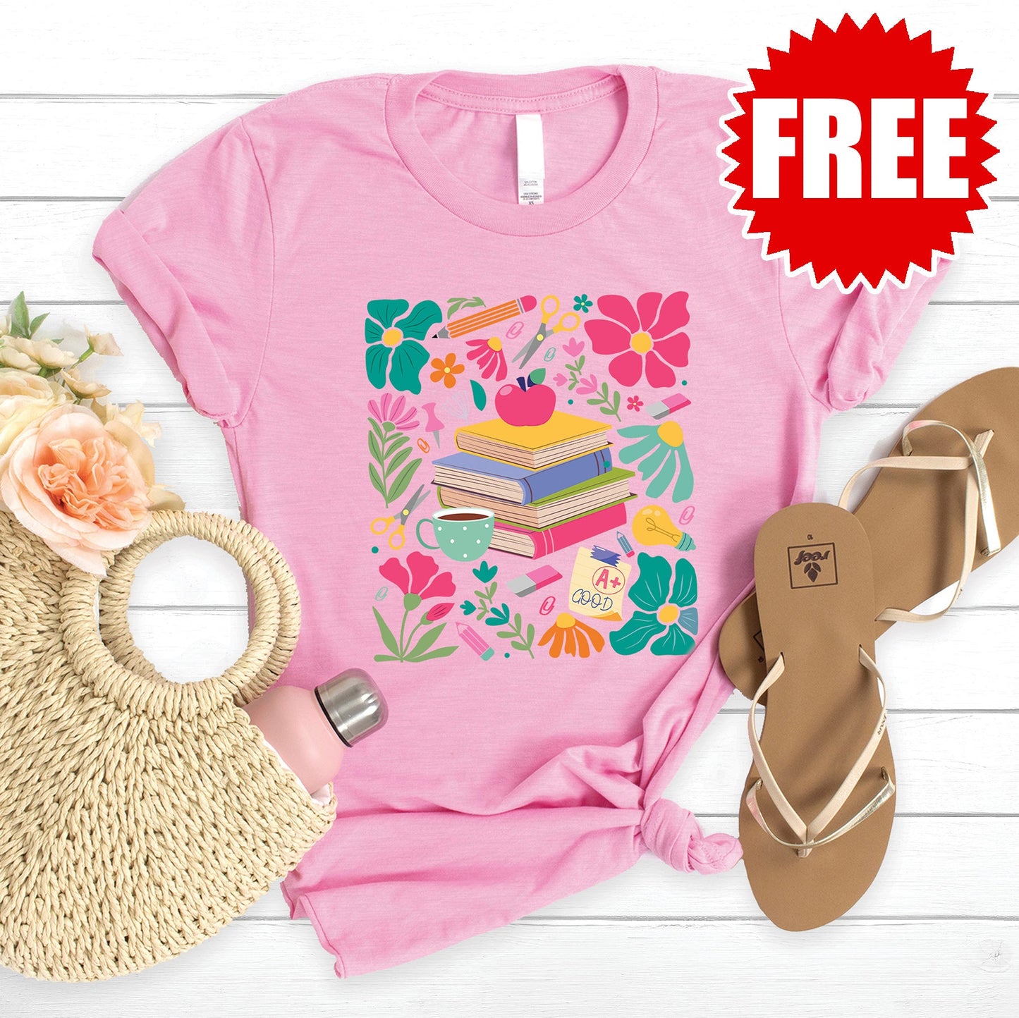 Boho Floral Teacher Tee - Heather Bubble Gum - FREE