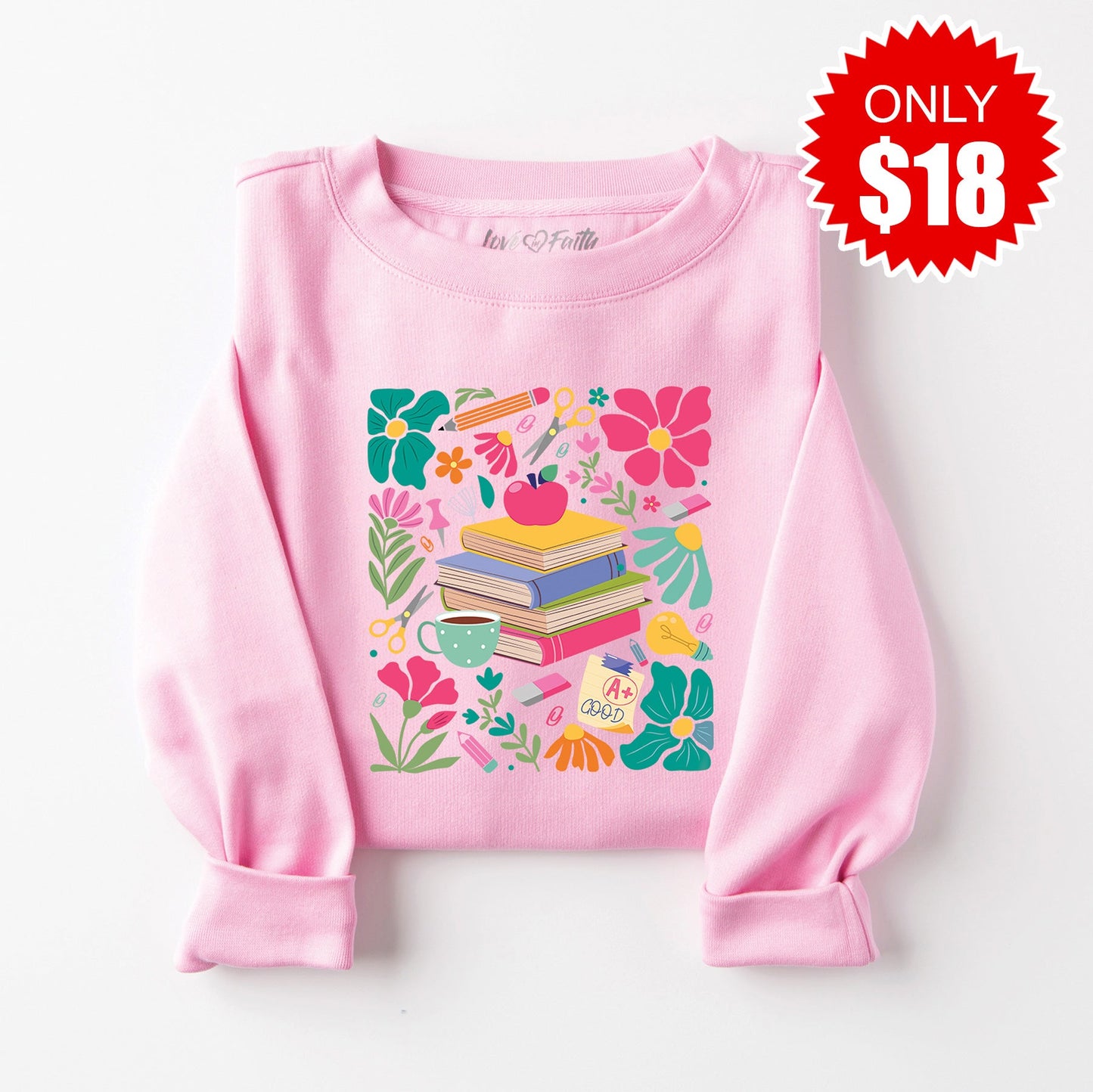 Boho Floral Teacher Sweatshirt - Heather Bubble Gum - 18