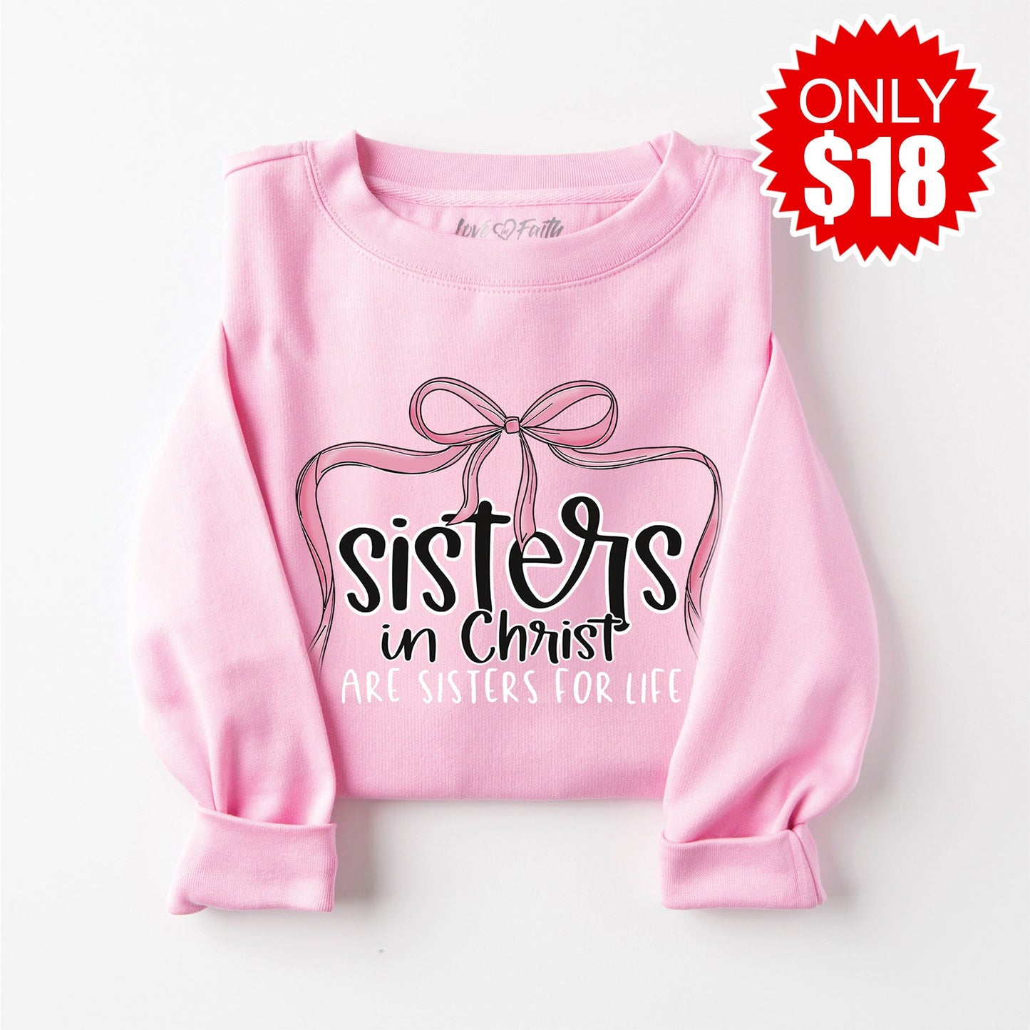 Sisters in Christ Bow Crewneck Sweatshirt - Heather Bubble Gum