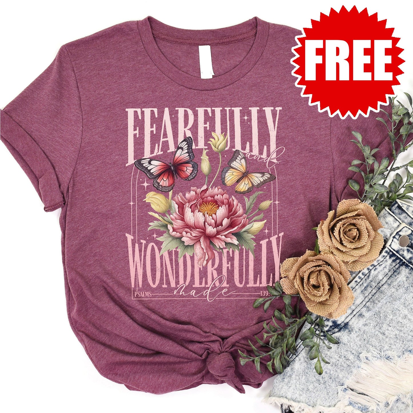 Fearfully and Wonderfully Butterflies Tee - Heather Burgundy - 0