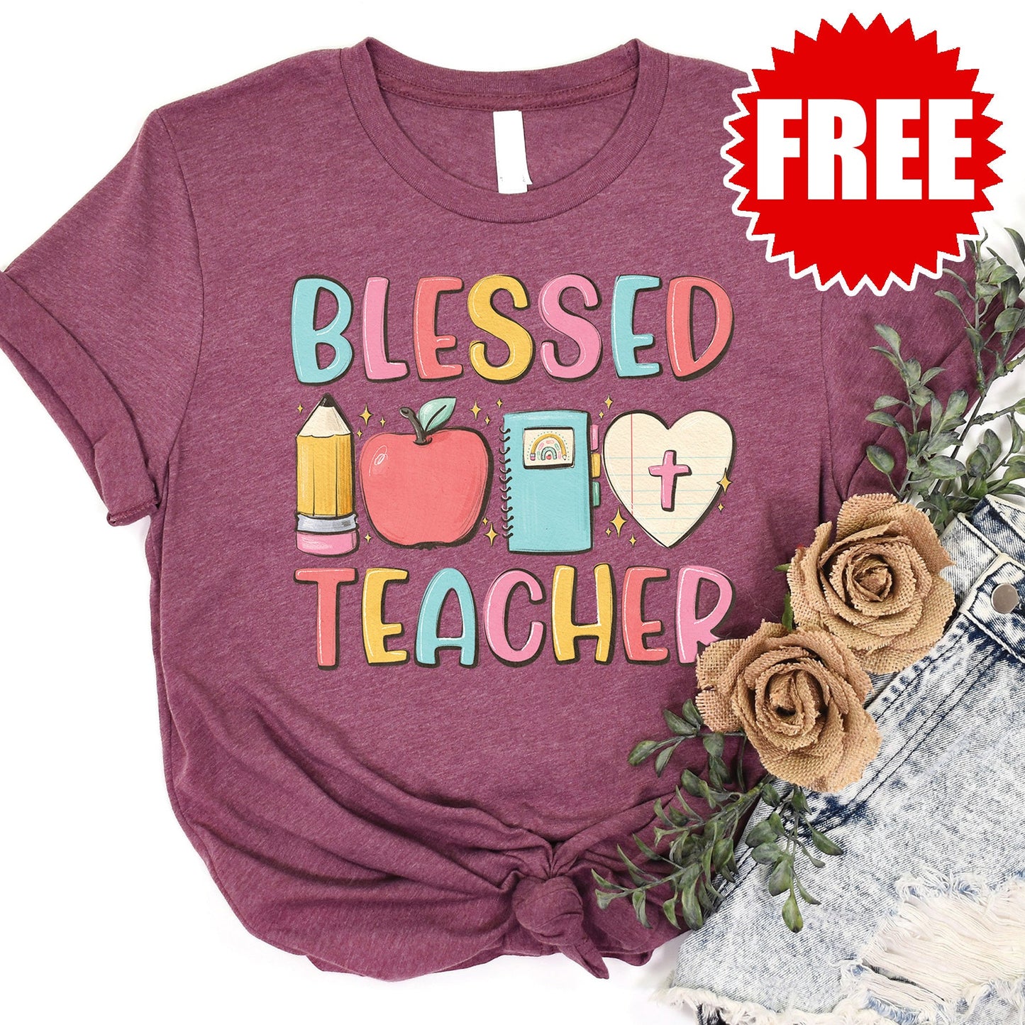 Blessed Teacher Tee - Heather Burgundy - 0