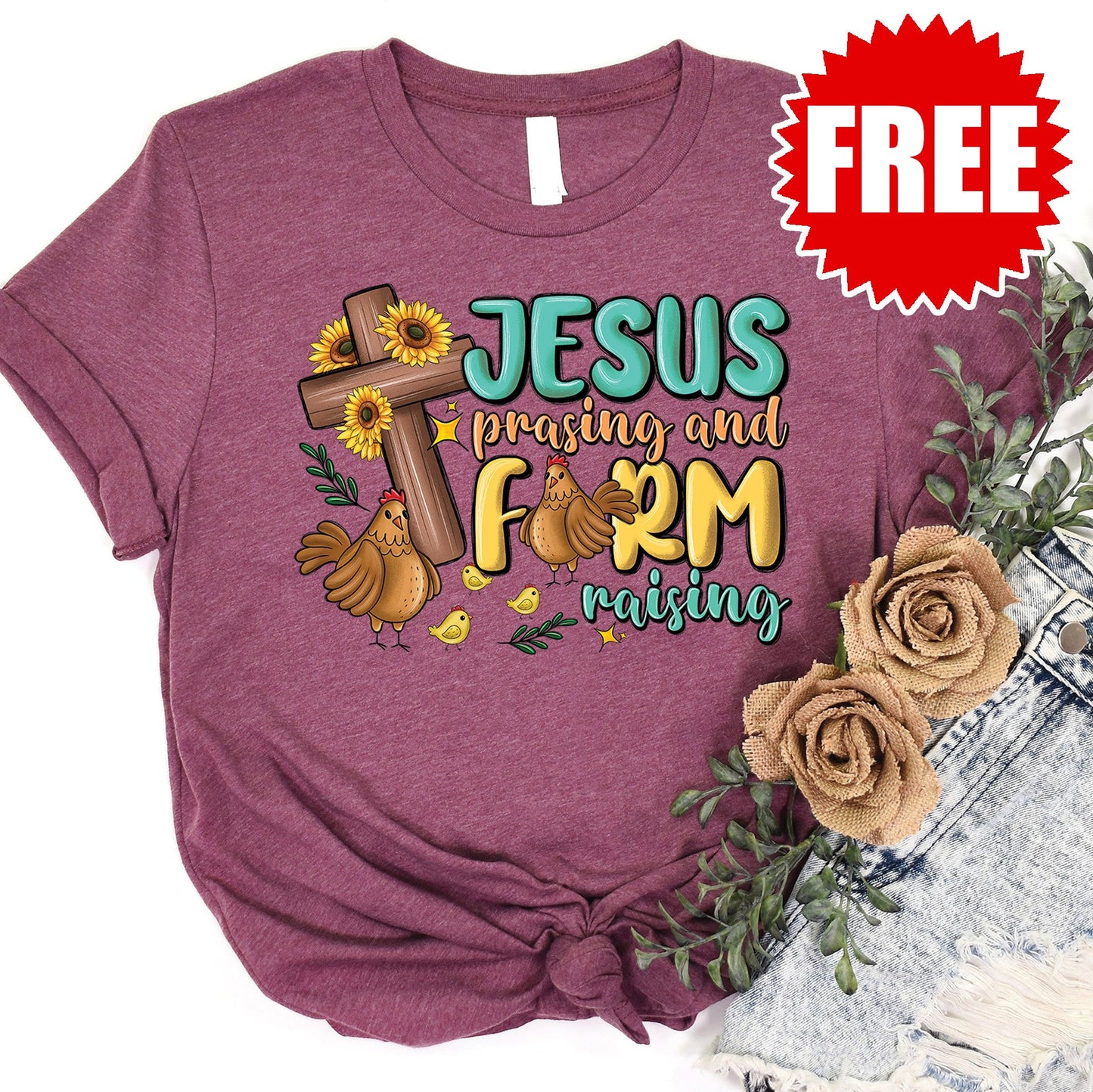Jesus Praising Farm Raising Tee - Heather Burgundy - 0