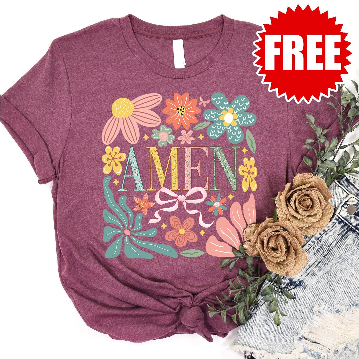 Floral Amen Tee - Heather Burgundy - 0