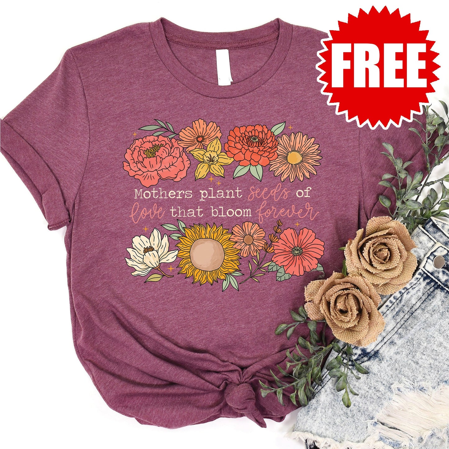 Mothers Plant Seeds Tee - Heather Burgundy - 0