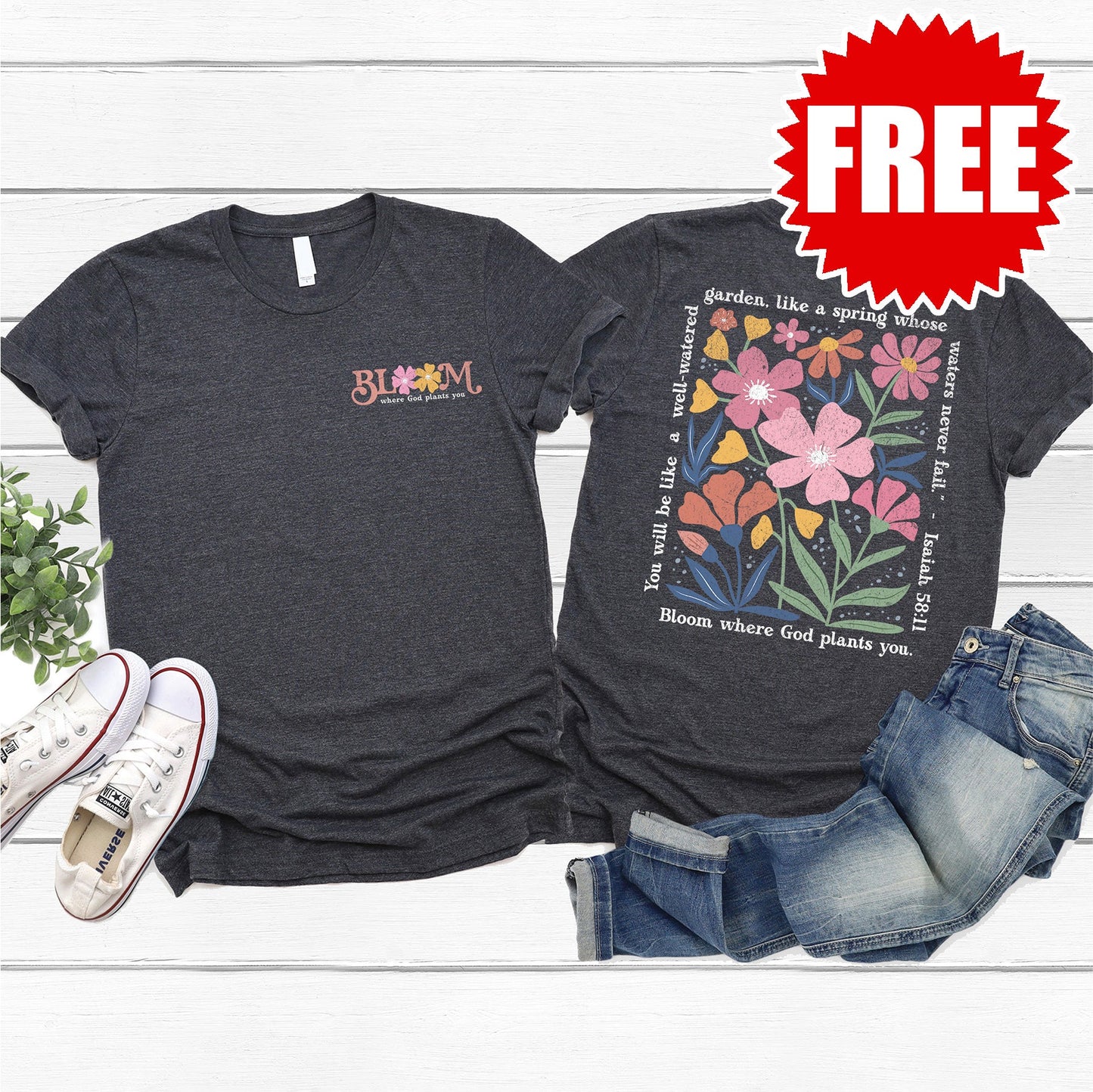 Bloom Where God Plants You Tee - Heather Charcoal - 0
