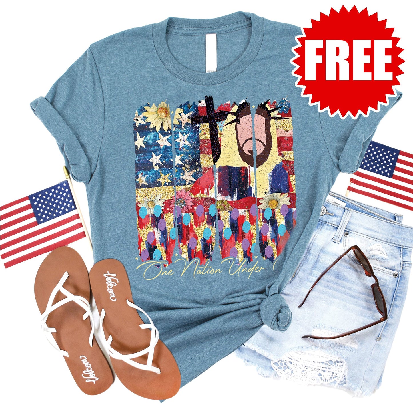 One Nation Under God Tee - Heather Denim - 0