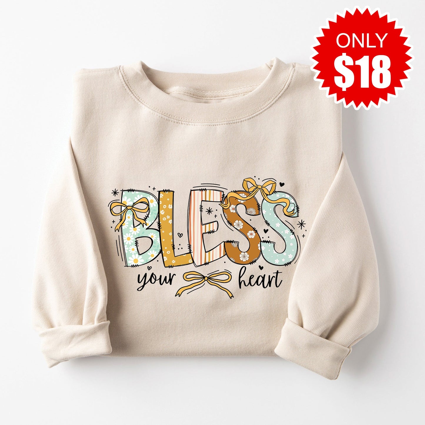 Bless Your Heart Bows Sweatshirt - Heather Dust - 18