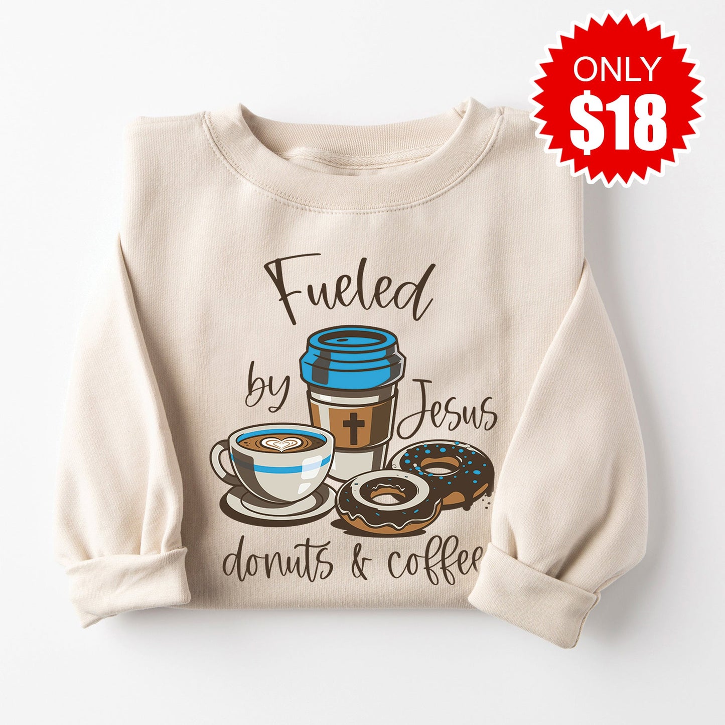 Jesus Donuts and Coffee Sweatshirt - Heather Dust - 18