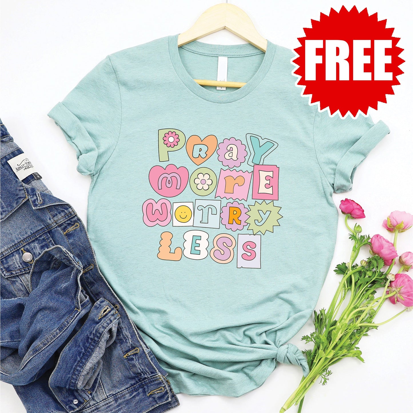 Pray More Worry Less - Shapes Tee - Heather Dusty Blue - FREE