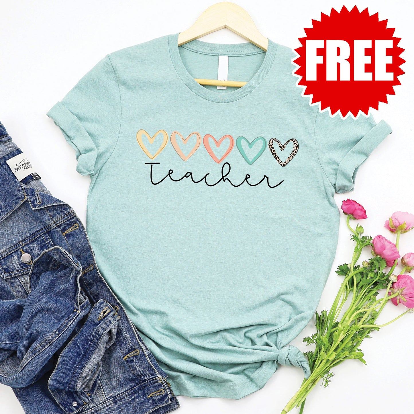 Teacher Hearts Tee - Heather Dusty Blue - FREE