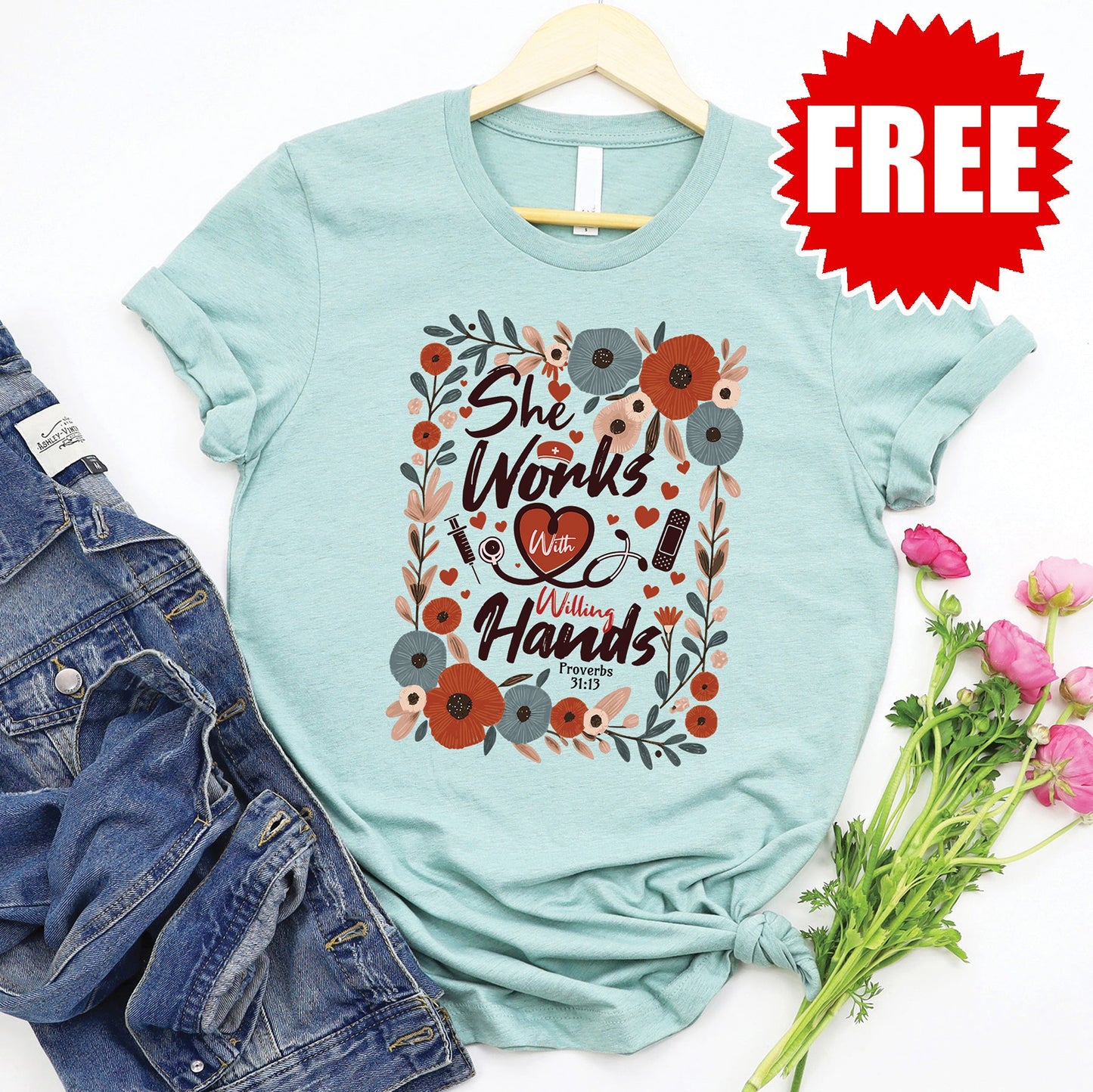 She Works Tee - Heather Dusty Blue - FREE