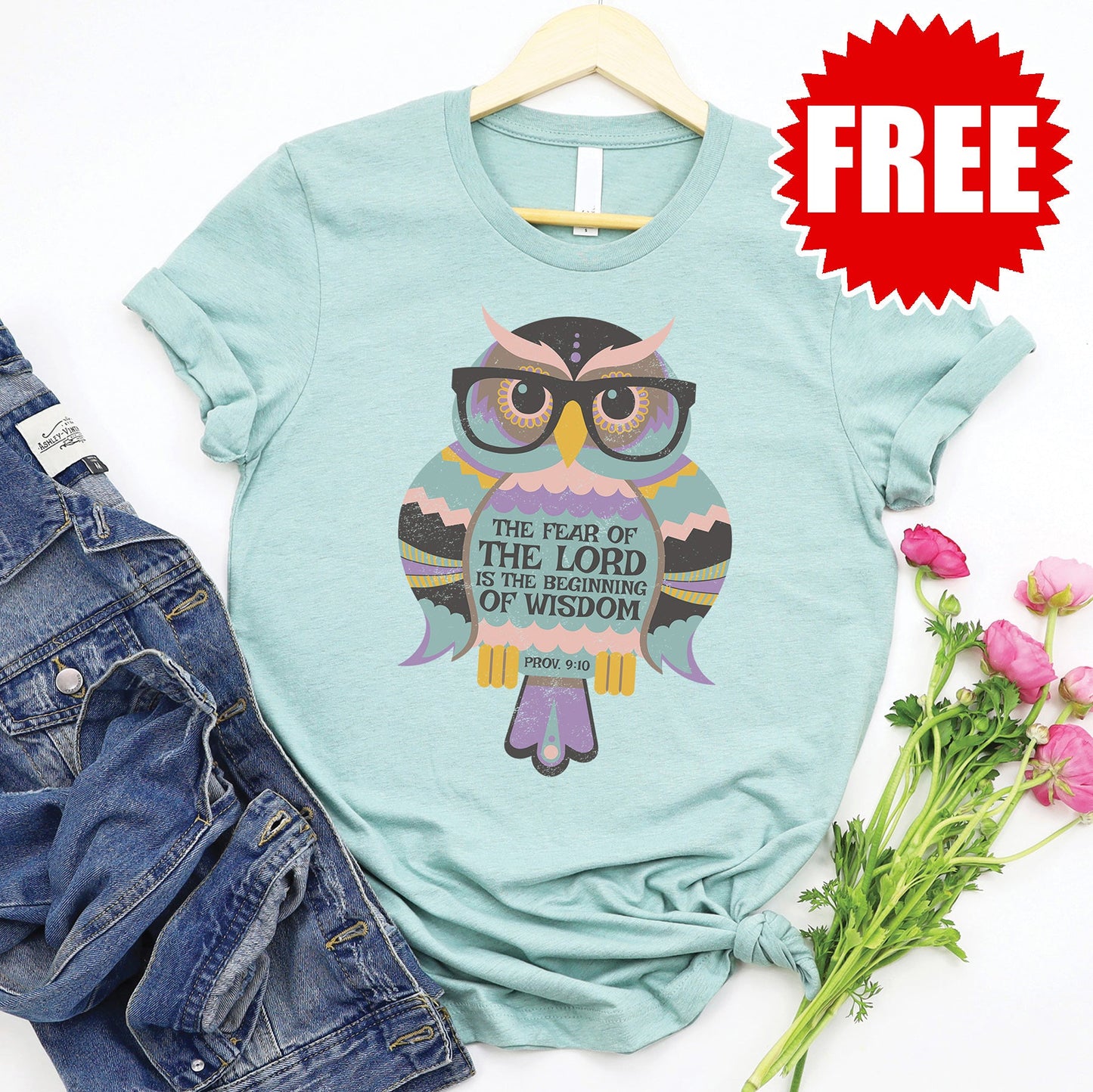 Wisdom Owl Tee - Heather Dusty Blue - 0