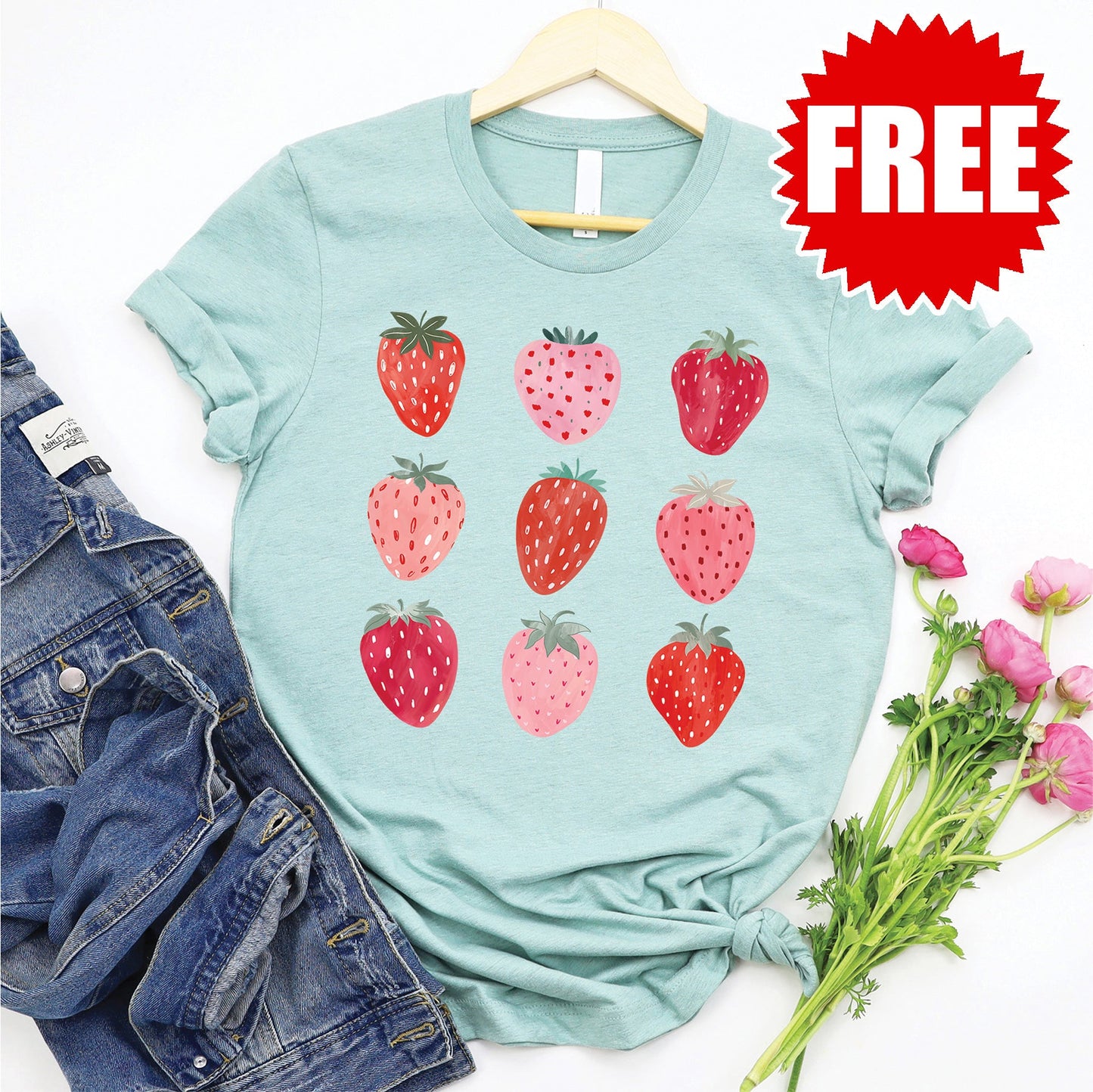 Strawberries Tee - Heather Dusty Blue - 0