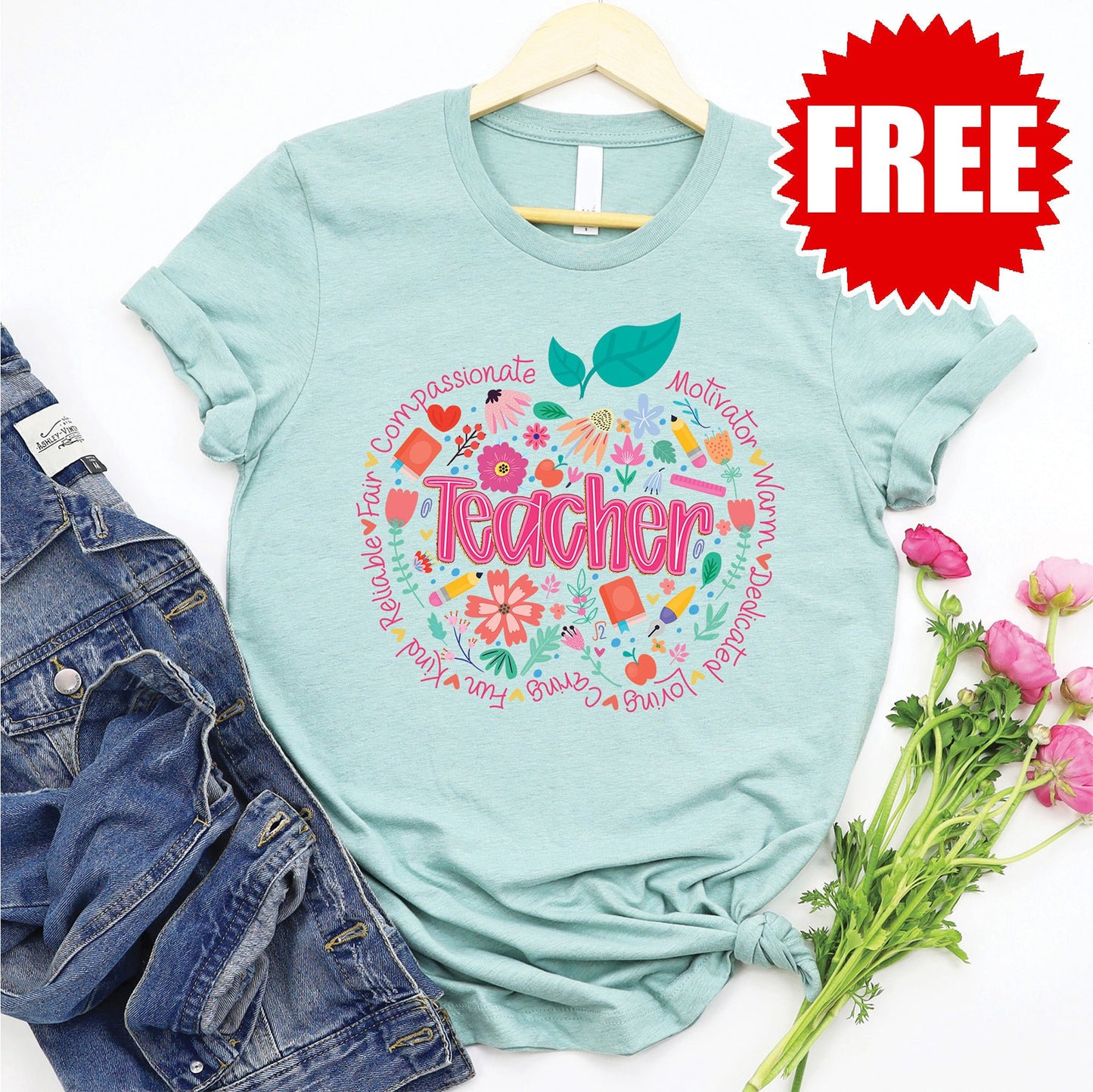 Teacher Apple Tee - Heather Dusty Blue - 0