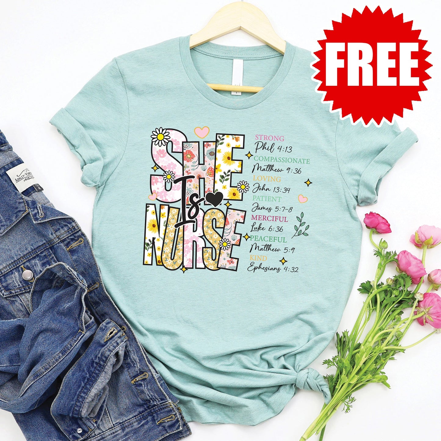 She Is Nurse 2 Tee - Heather Dusty Blue - FREE