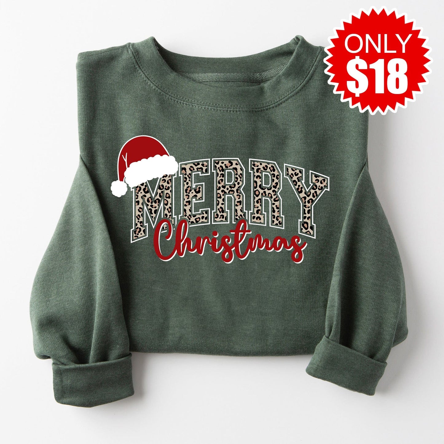 Merry Christmas Hat Crewneck Sweatshirt - Heather Forest
