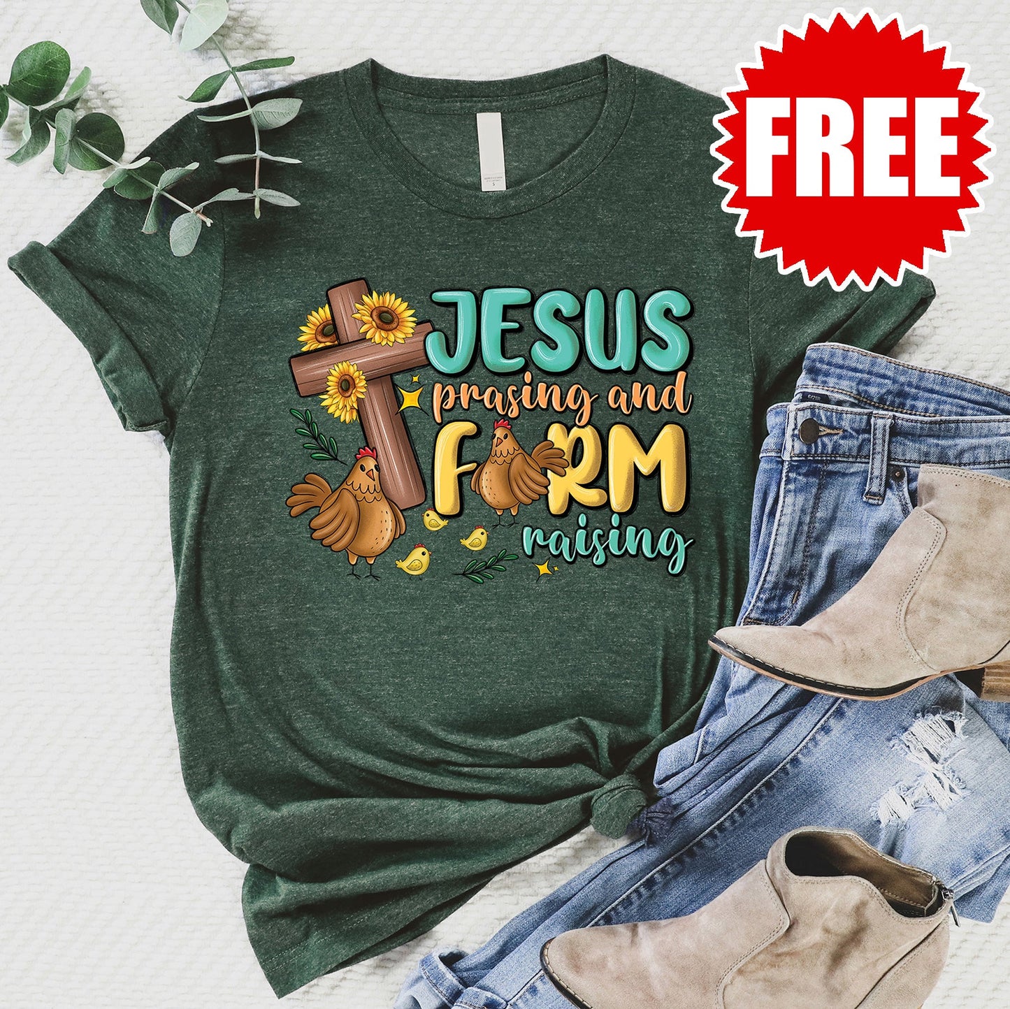Jesus Praising Farm Raising Tee - Heather Forest - 0