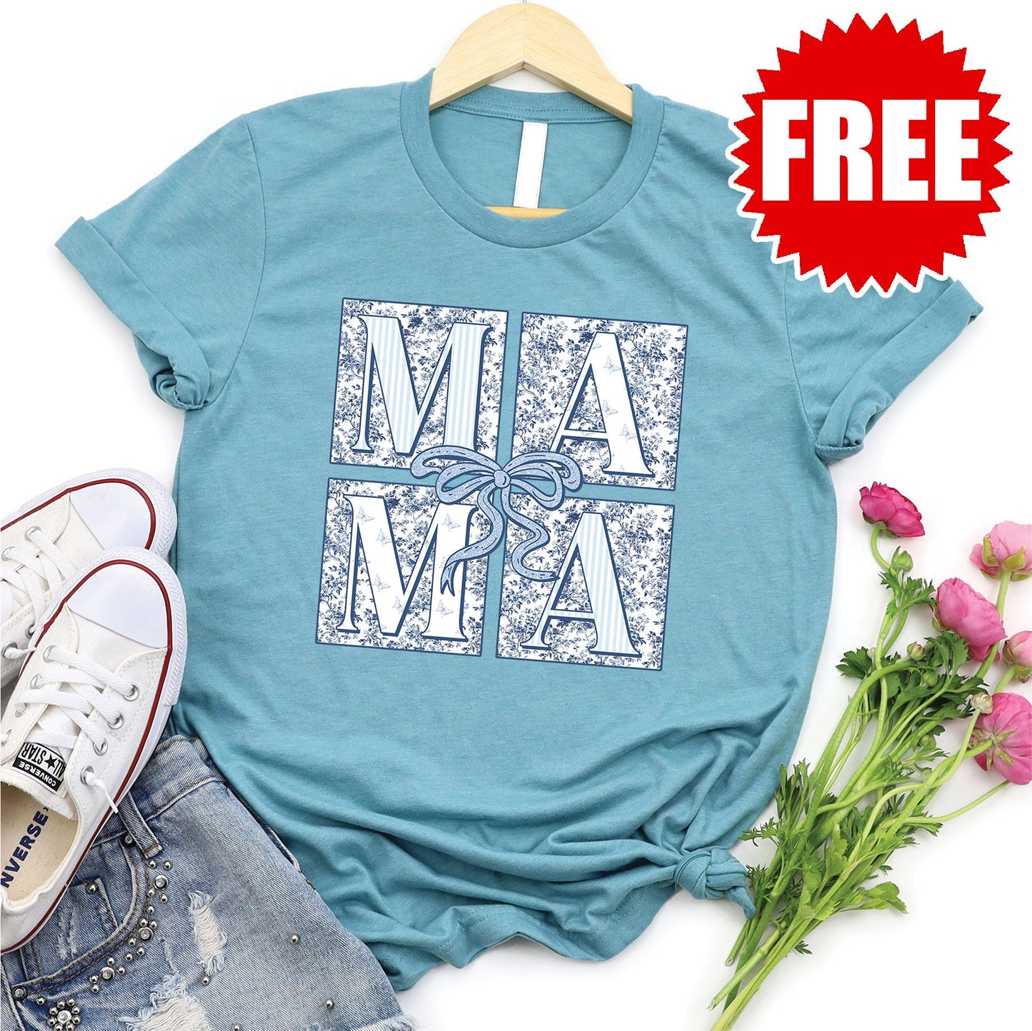 Mama Patchwork Tee - Heather Lagoon