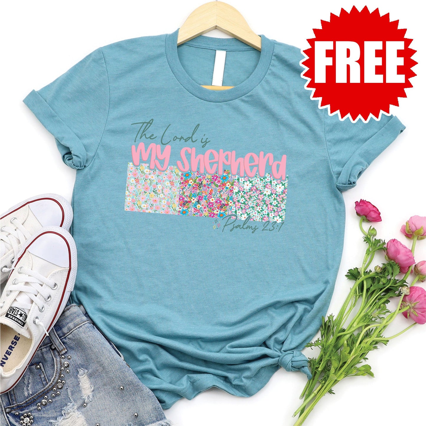The Lord is my Shepherd Tee - Heather Lagoon - FREE