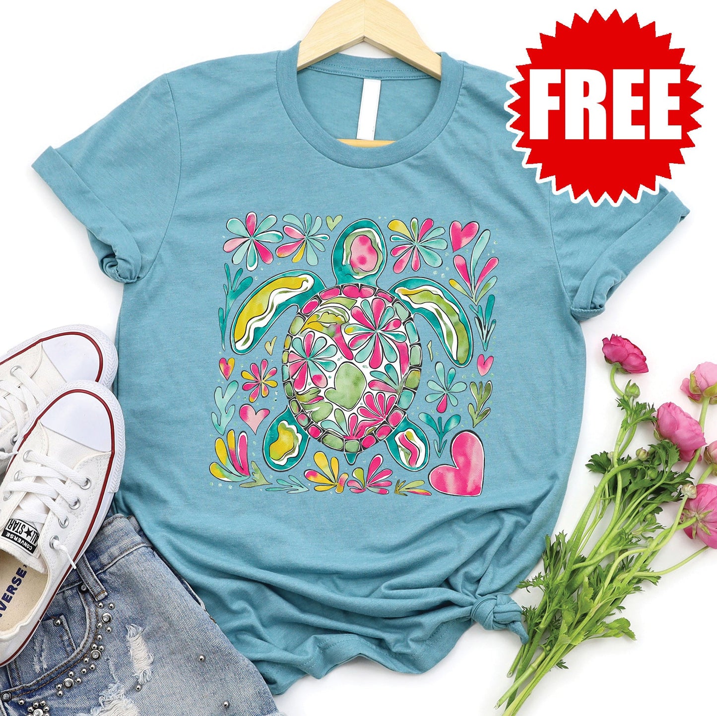 Turtle Floral Tee - Heather Lagoon - 0