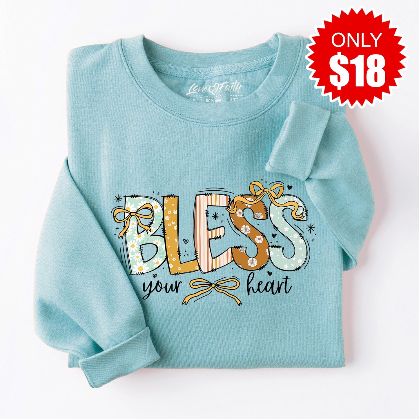 Bless Your Heart Bows Sweatshirt - Heather Lagoon - 18