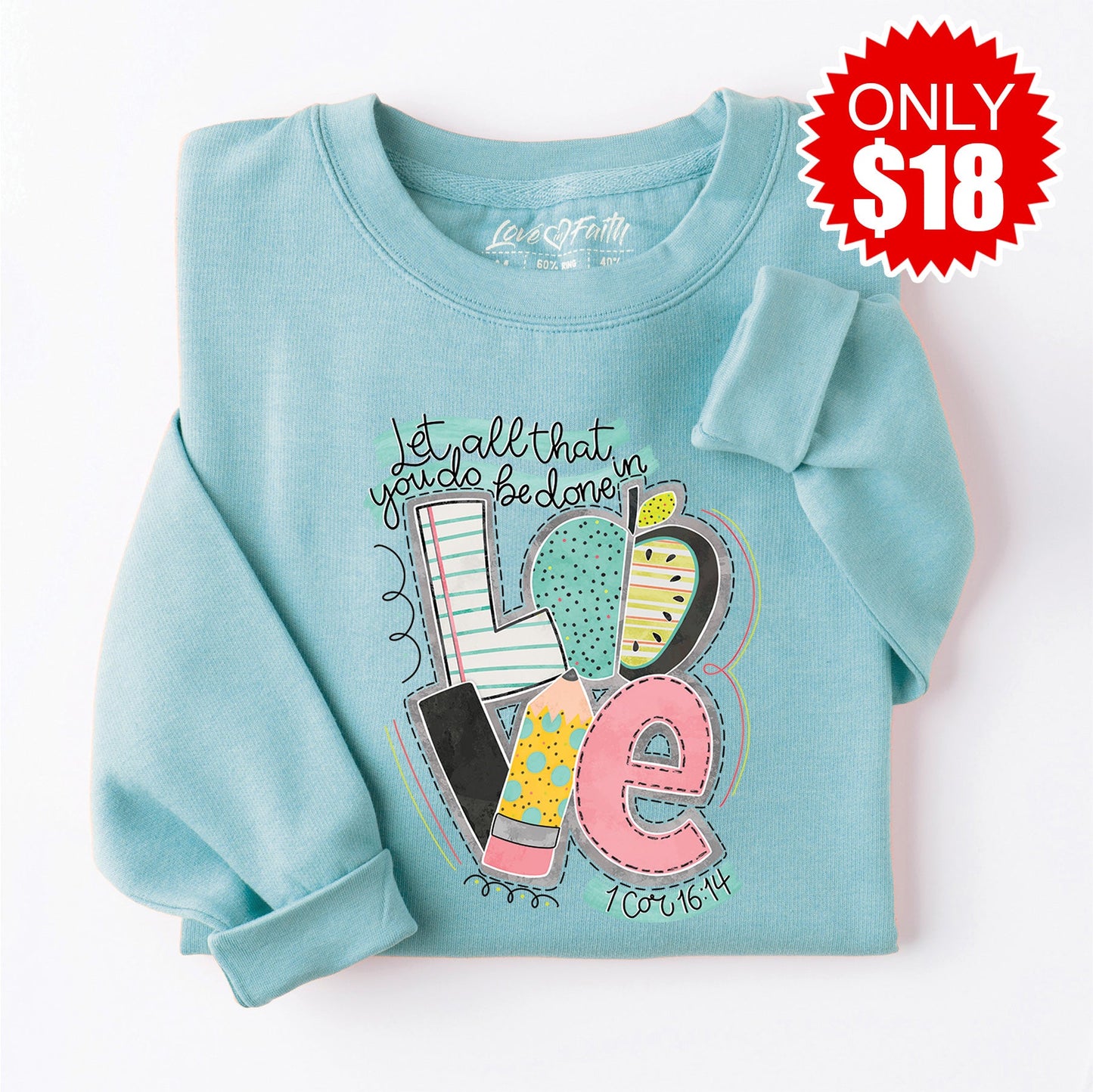 Love Teacher Crewneck Sweatshirt - Heather Lagoon