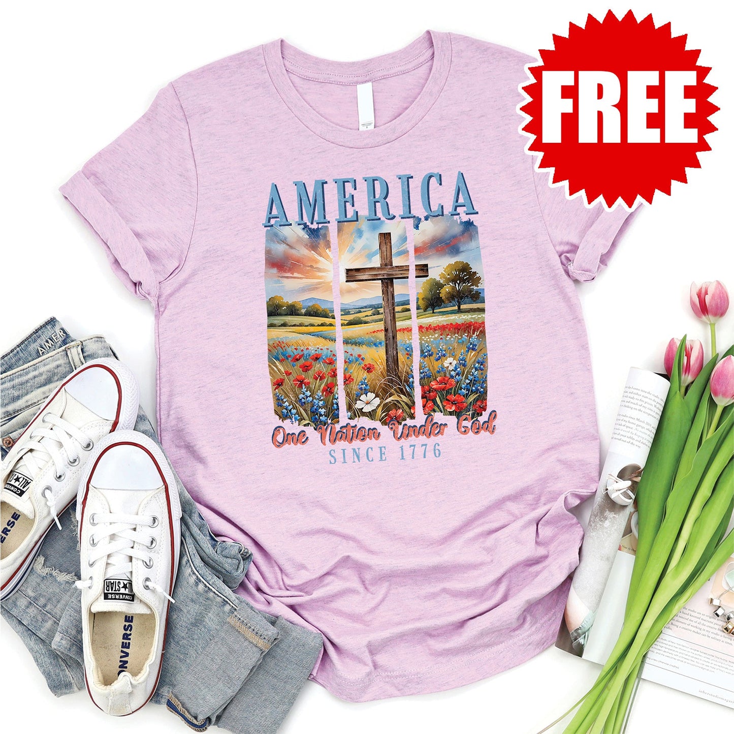 One Nation Under God Tee - Heather Lilac - 0
