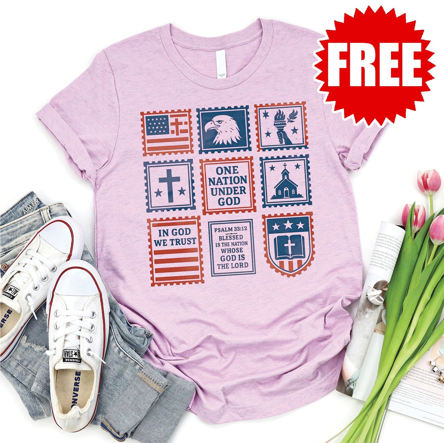 Patriotic Stamps Tee - Heather Lilac - 0