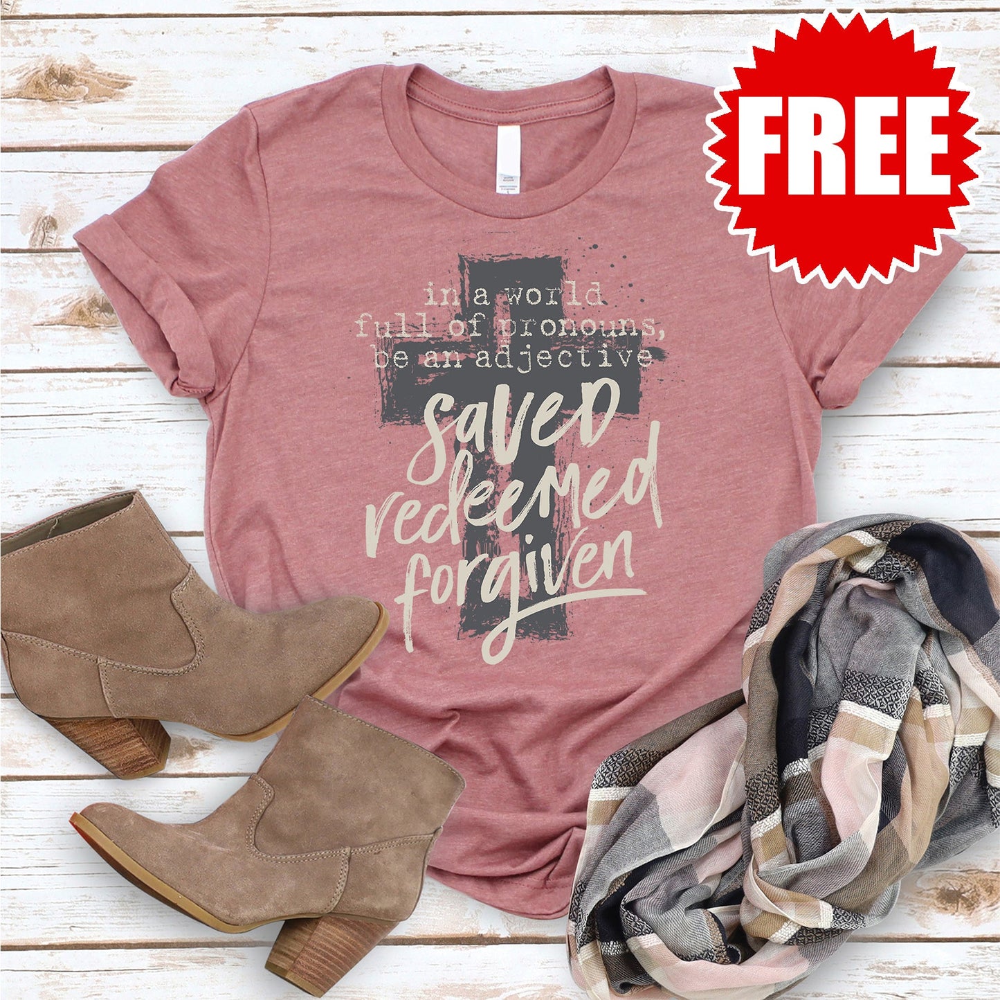 Saved Redeemed Forgiven Tee - Heather Mauve