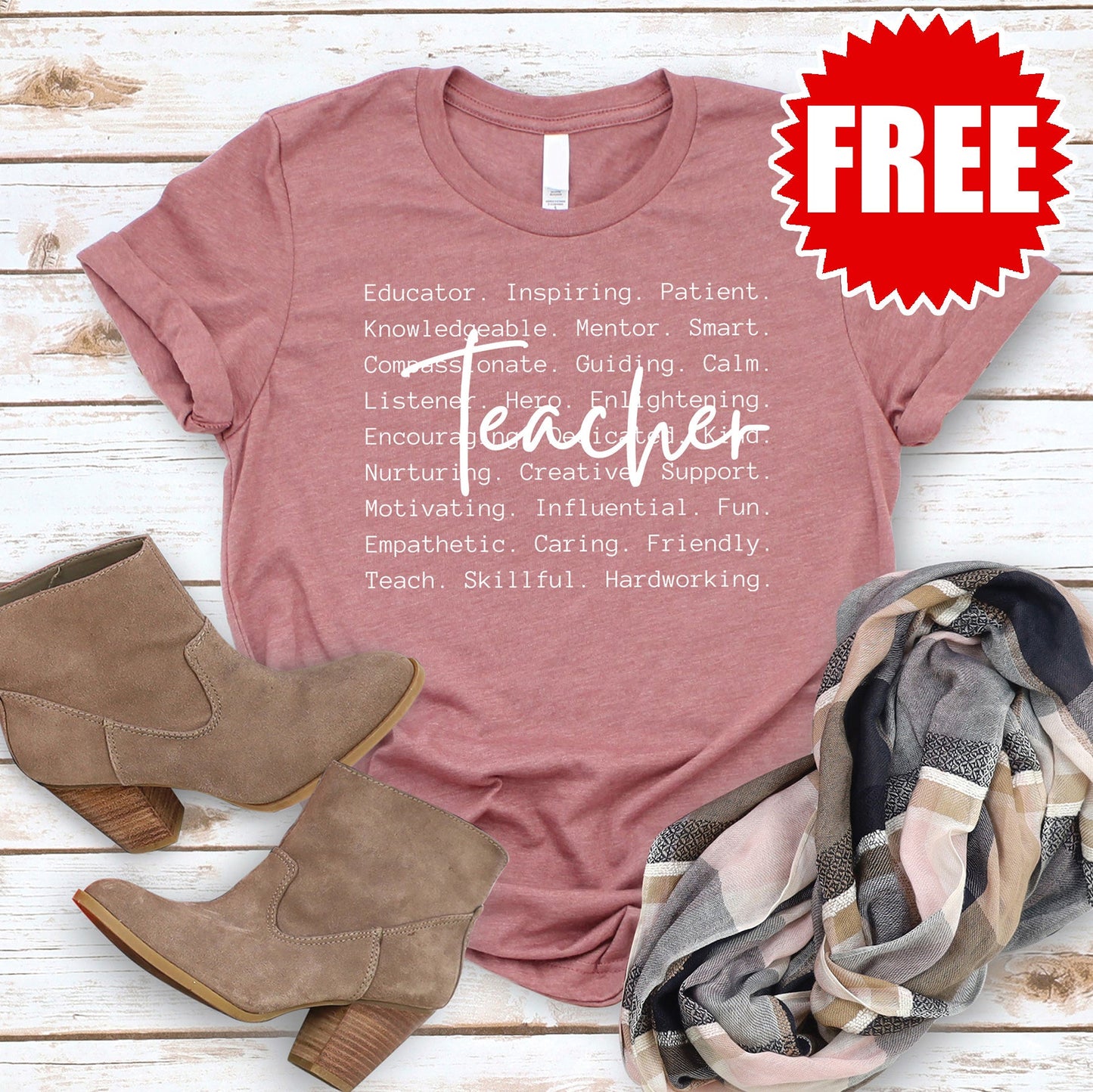 Teacher White Tee - Heather Mauve - FREE