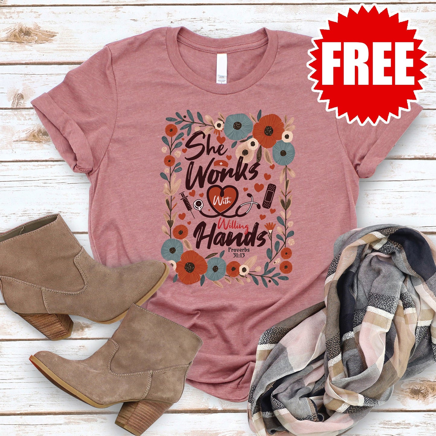 She Works Tee - Heather Mauve - FREE