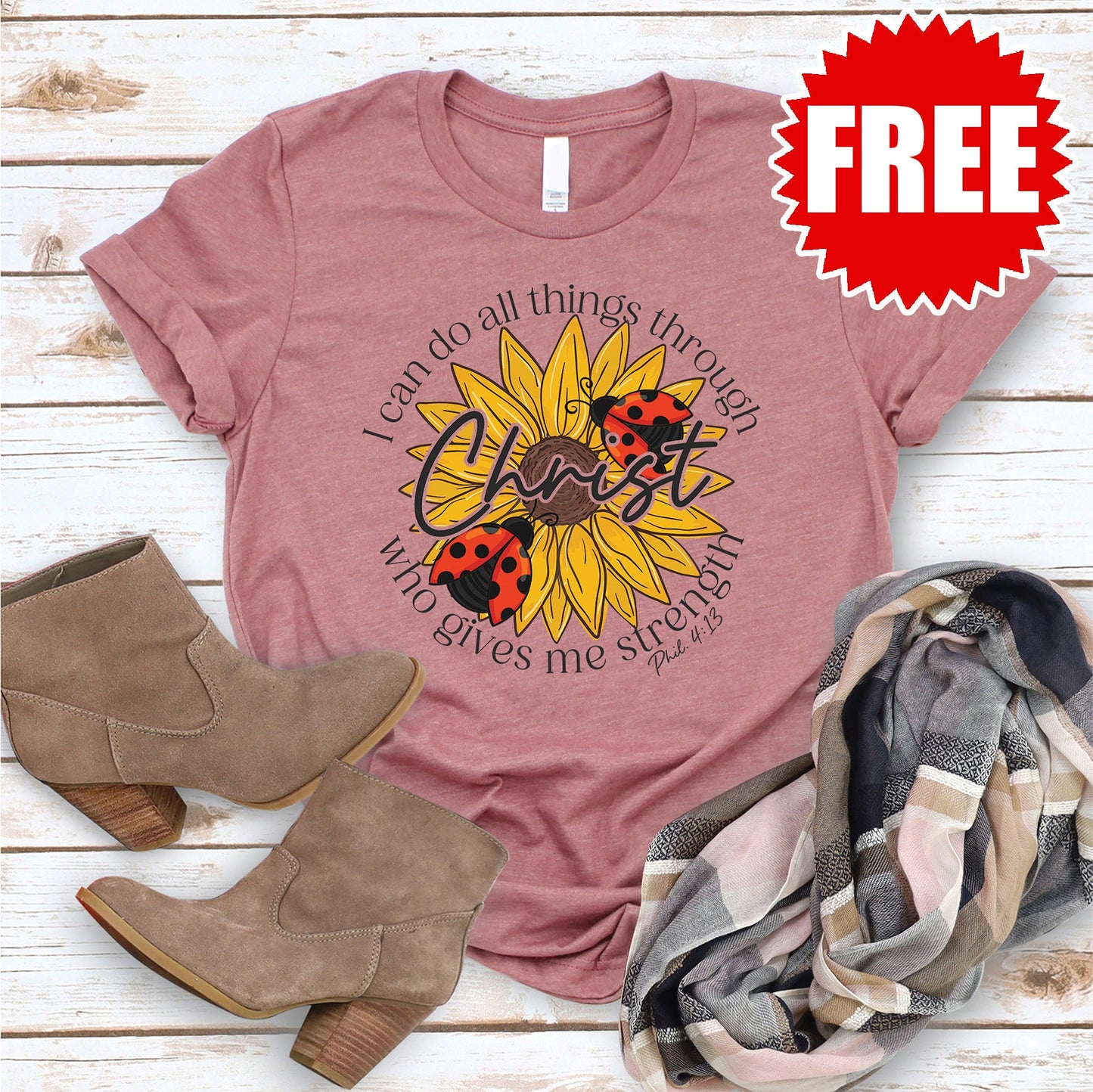 Philippians 4:13 Ladybug Tee - Heather Mauve - FREE