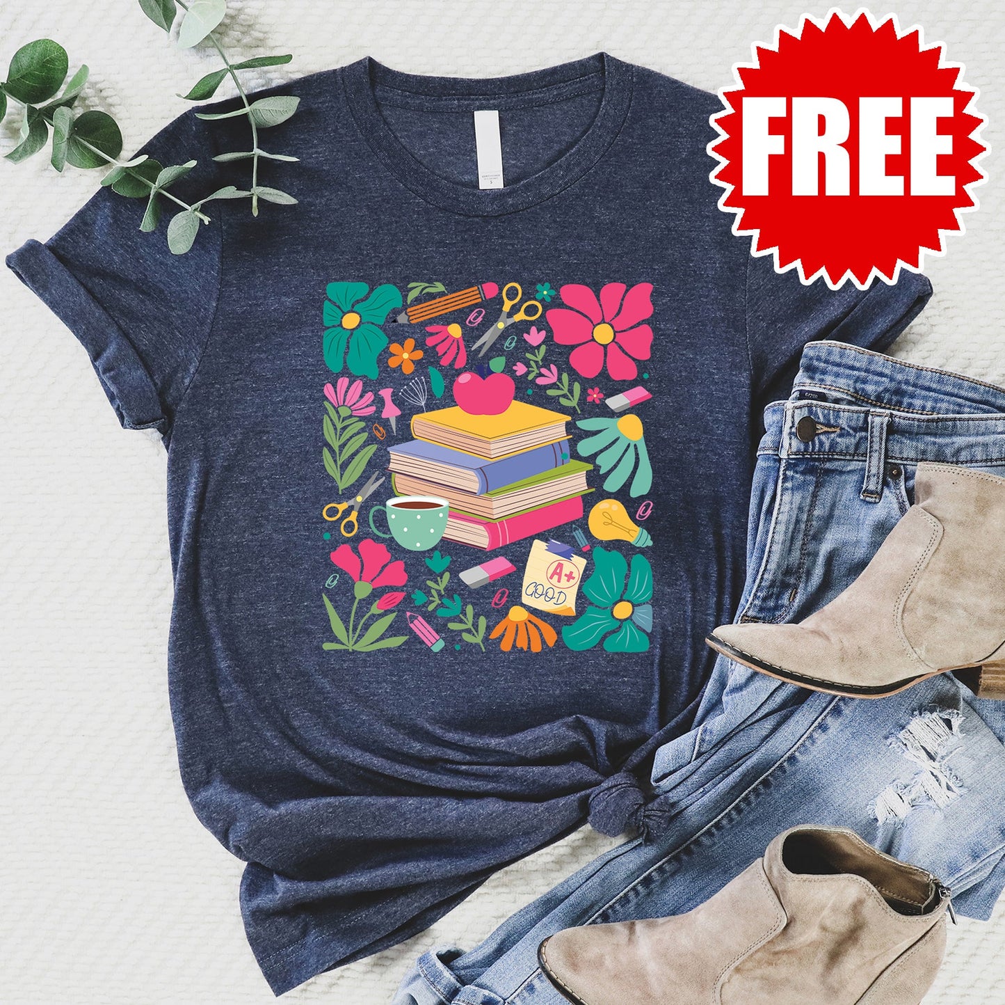 Boho Floral Teacher Tee - Heather Navy - FREE
