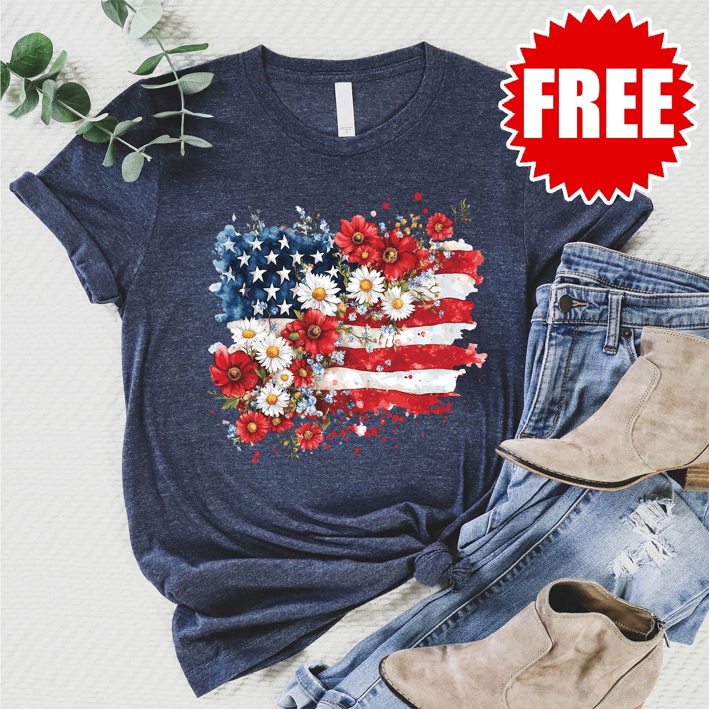 Floral Flag Tee - Heather Navy - 0