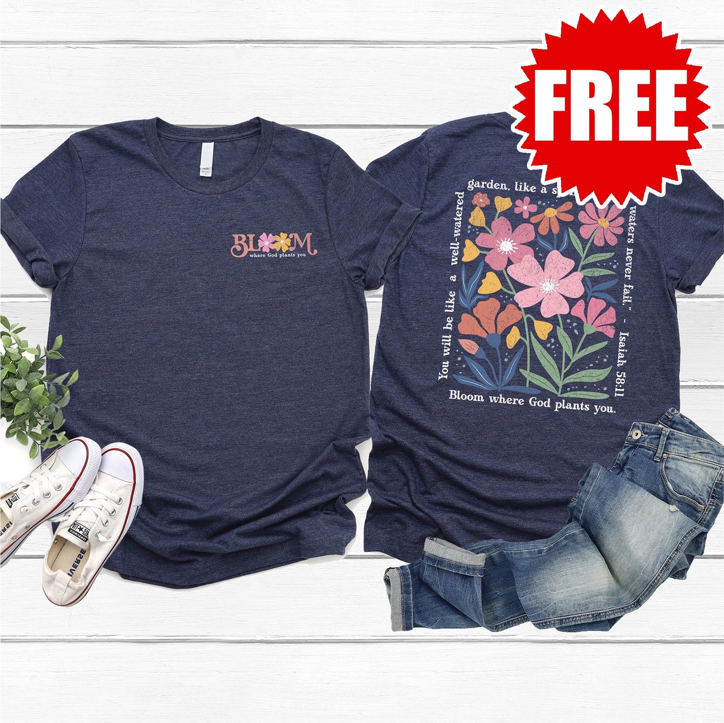 Bloom Where God Plants You Tee - Heather Navy - 0