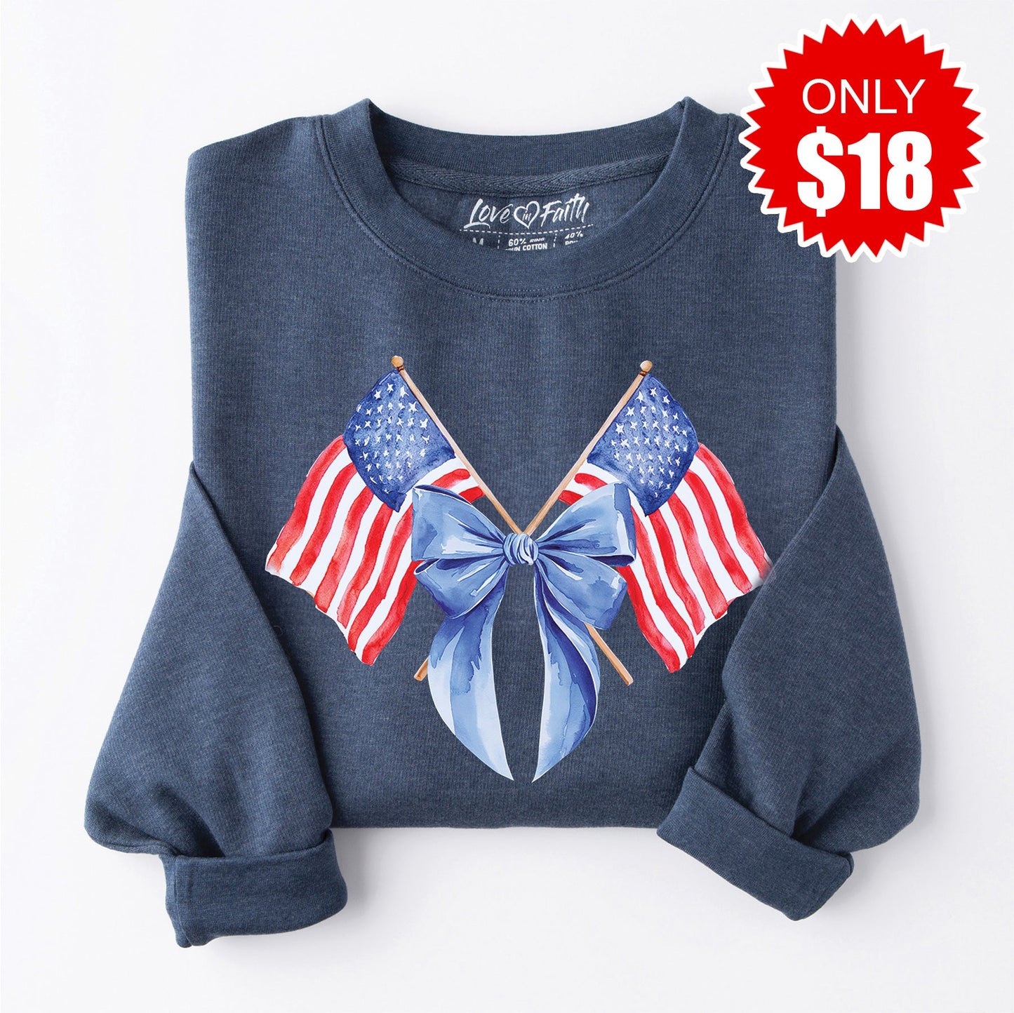 USA Flag Bow Sweatshirt - Heather Navy - 18