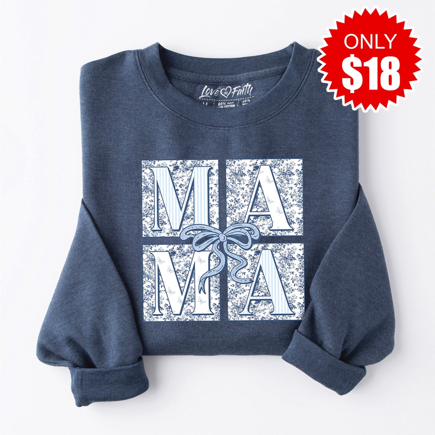 Mama Patchwork Crewneck Sweatshirt - Heather Navy