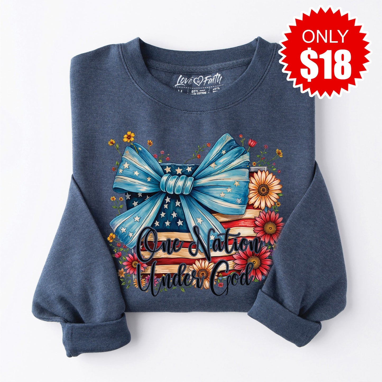 One Nation Under God Ribbon Sweatshirt - Heather Navy - 18