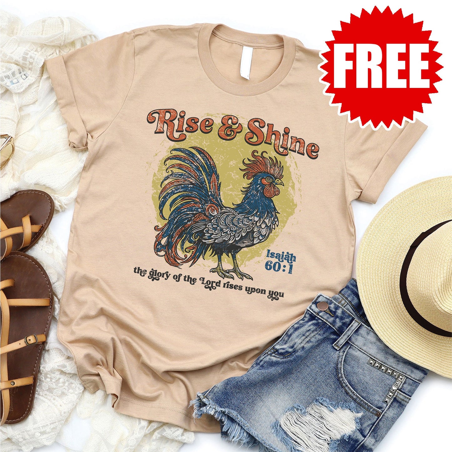 Rise & Shine Rooster Tee - Heather Sand Dune - 0