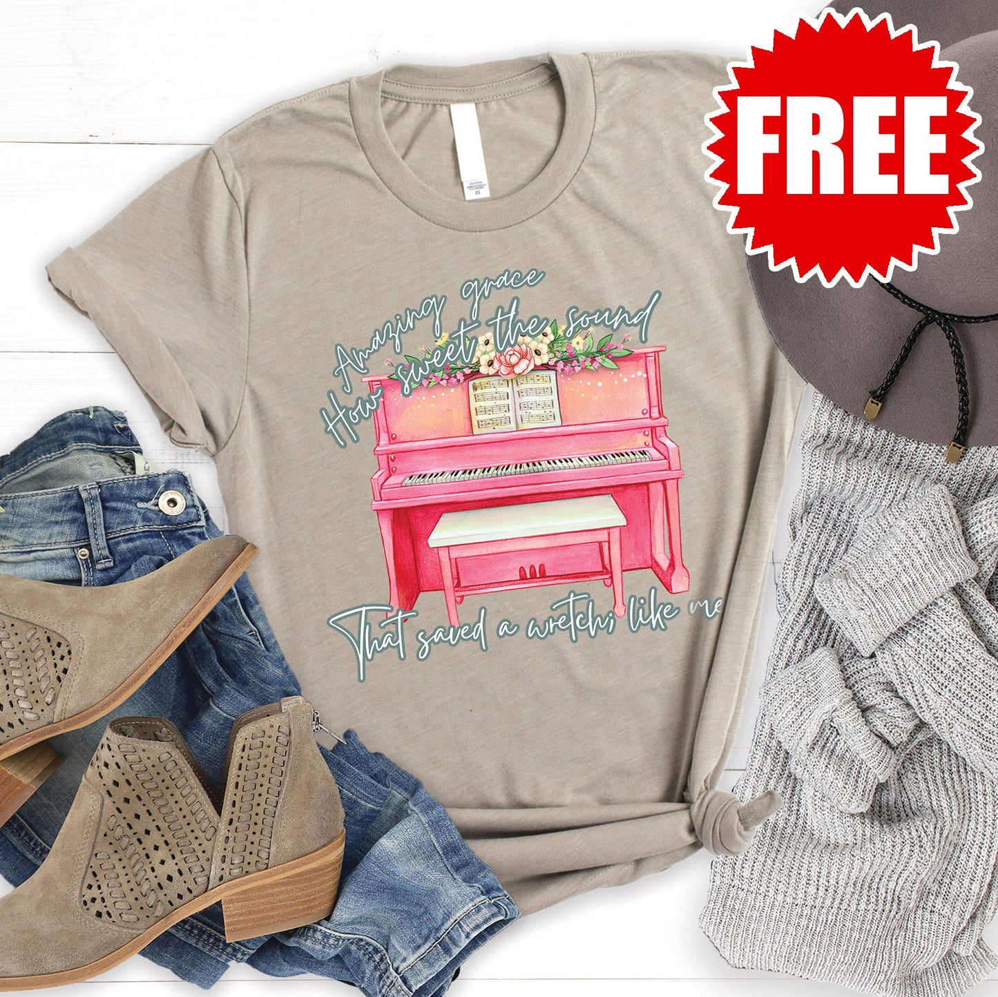Amazing Grace Piano Tee - Heather Stone - 0