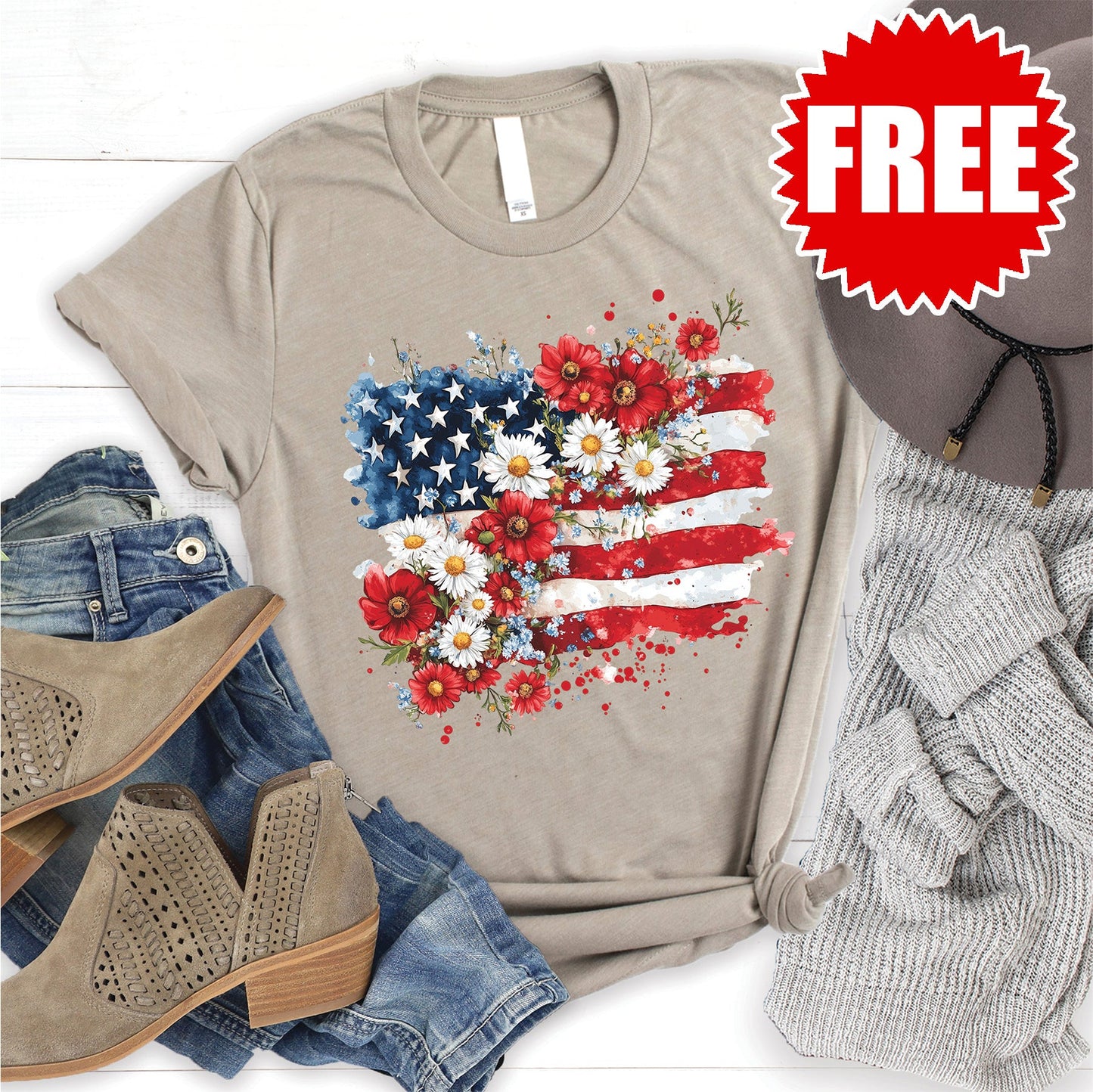 Floral Flag Tee - Heather Stone - 0