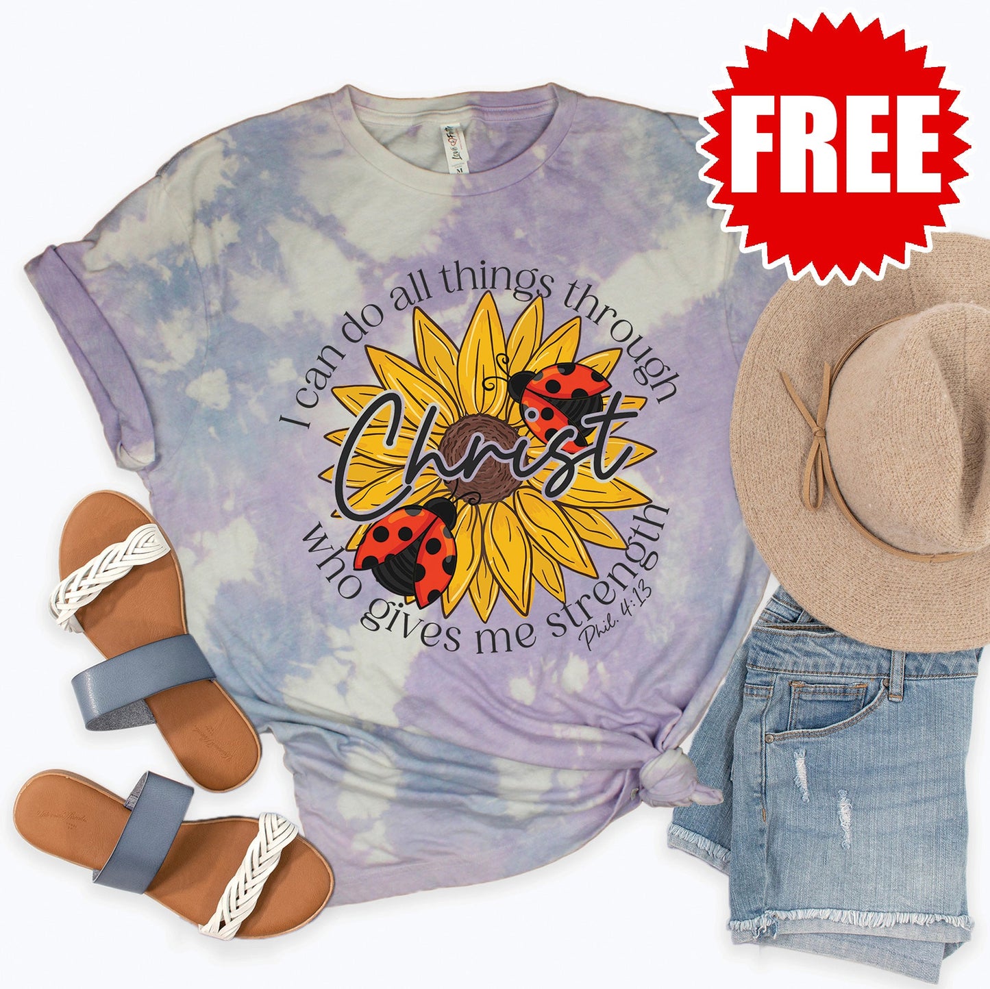 Philippians 4:13 Ladybug Tee - Lavender Sky Tie Dye - 0