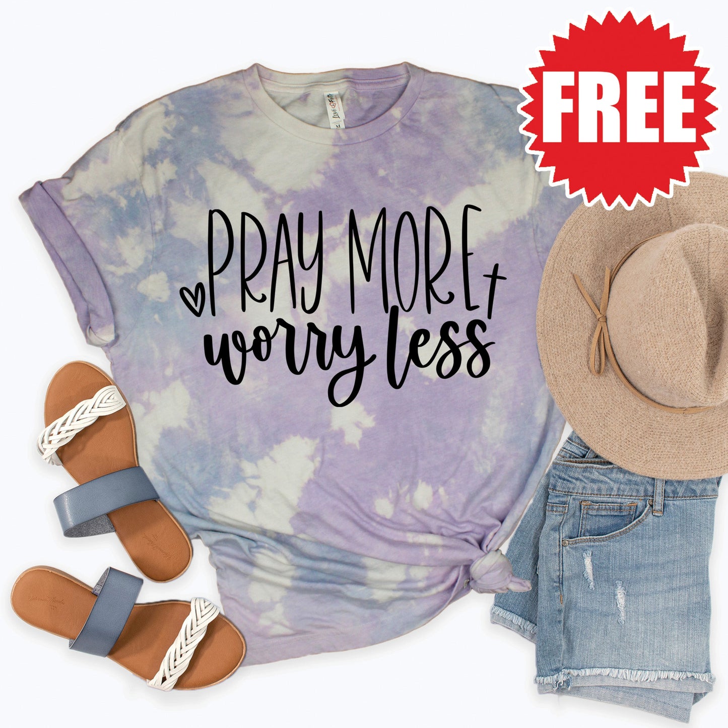 Pray More Worry Less Tee - Lavender Sky Tie Dye - 0