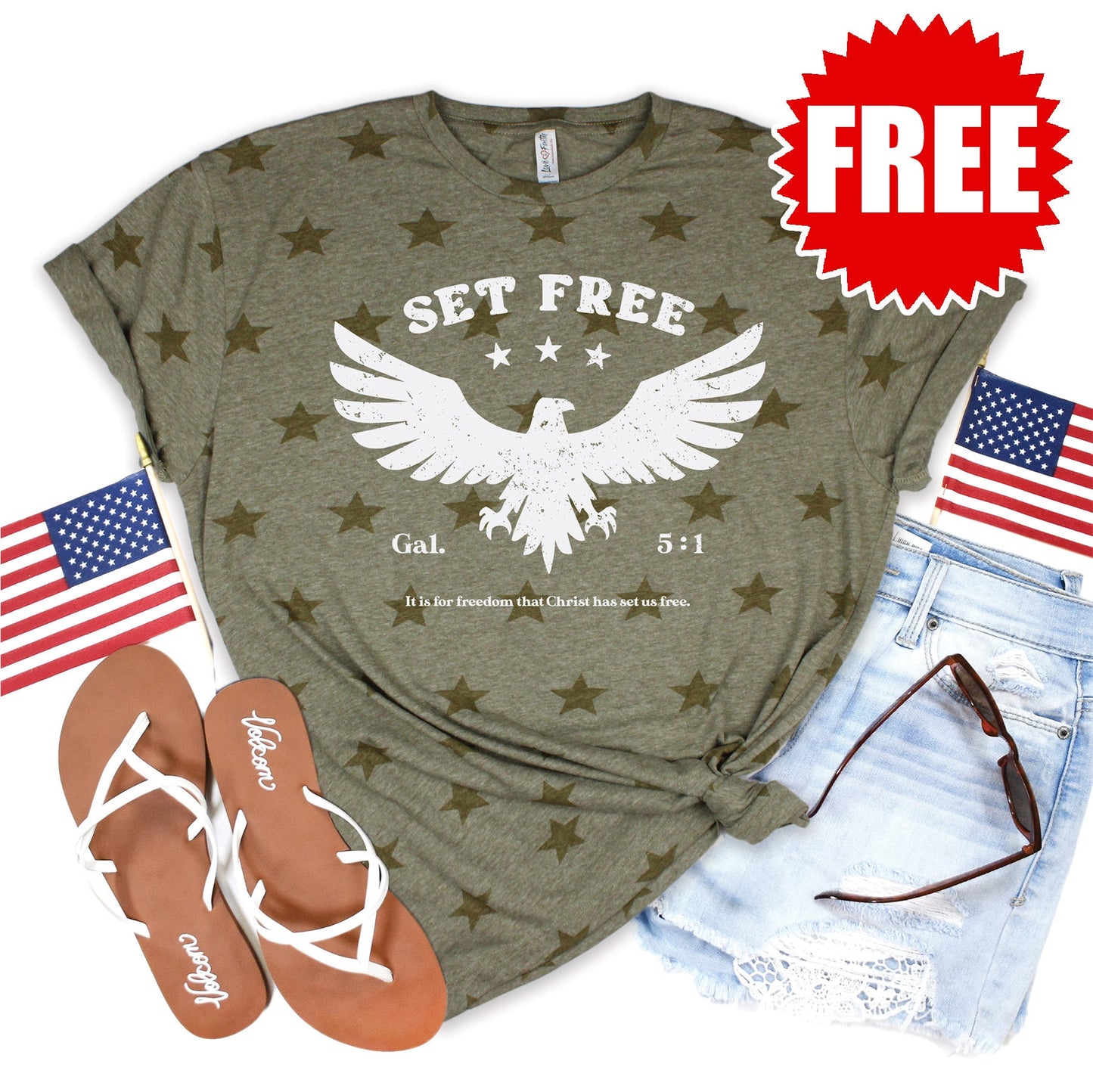 Set Free Bird Tee - Green Star Print - FREE