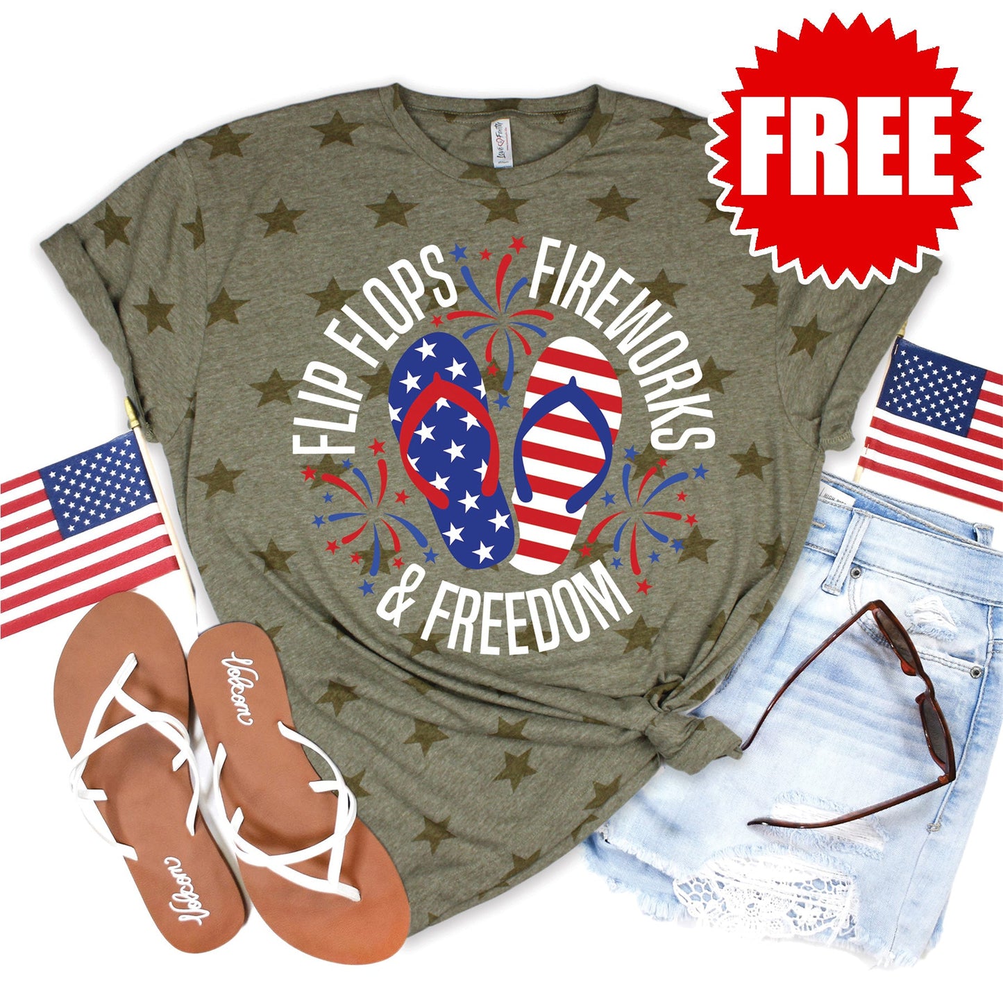 Flip Flops Fireworks Freedom Tee - Olive Star Print - 0