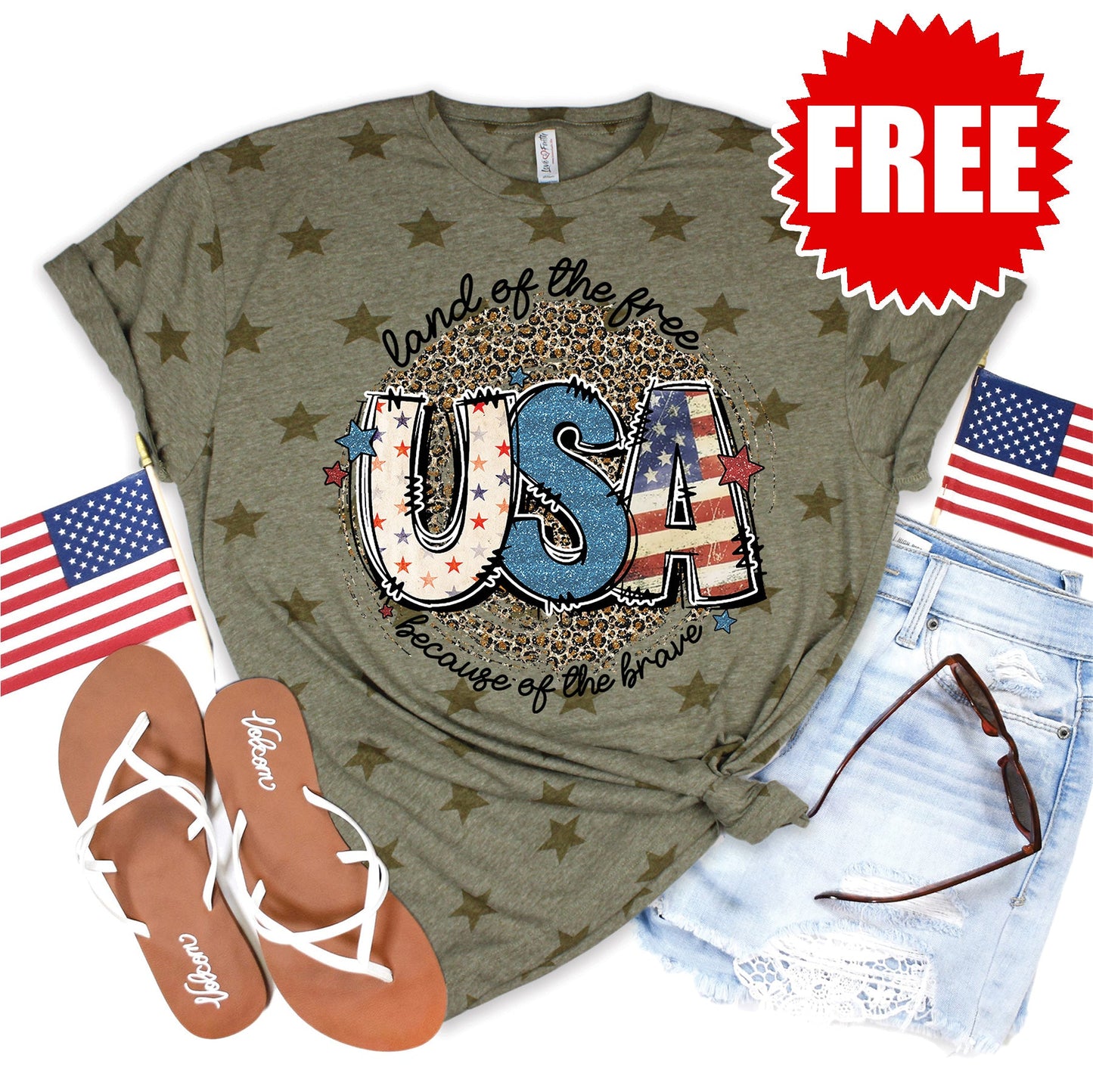 Land Of The Free USA Tee - Olive Star Print - 0