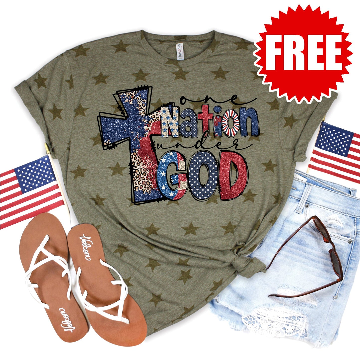 One Nation Cross Tee - Olive Star Print - 0